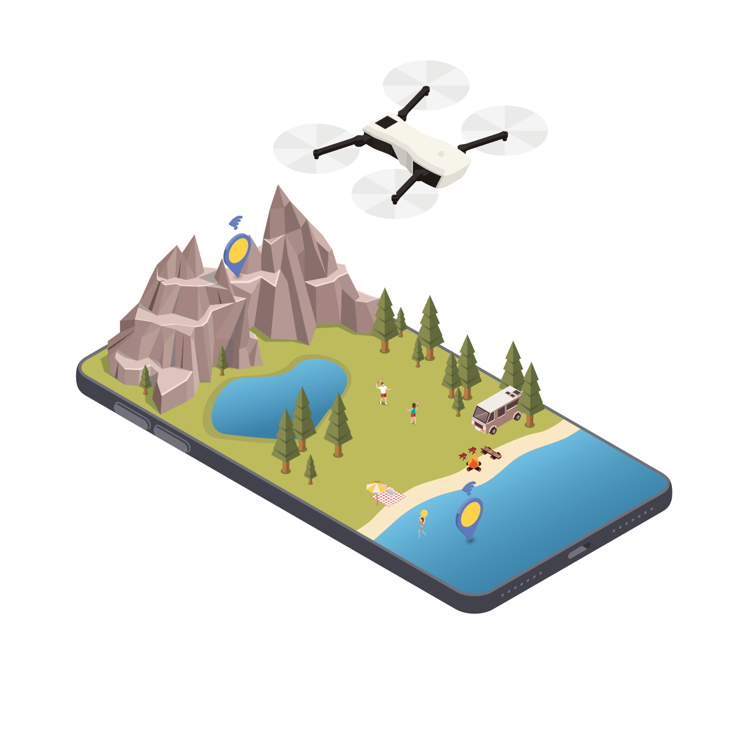 3D illustration of a smartphone displaying a connected outdoor landscape with mountains, forest, lake, beach, and a flying drone — symbolizing mobile technology, GPS, and 5G connectivity for smart travel.