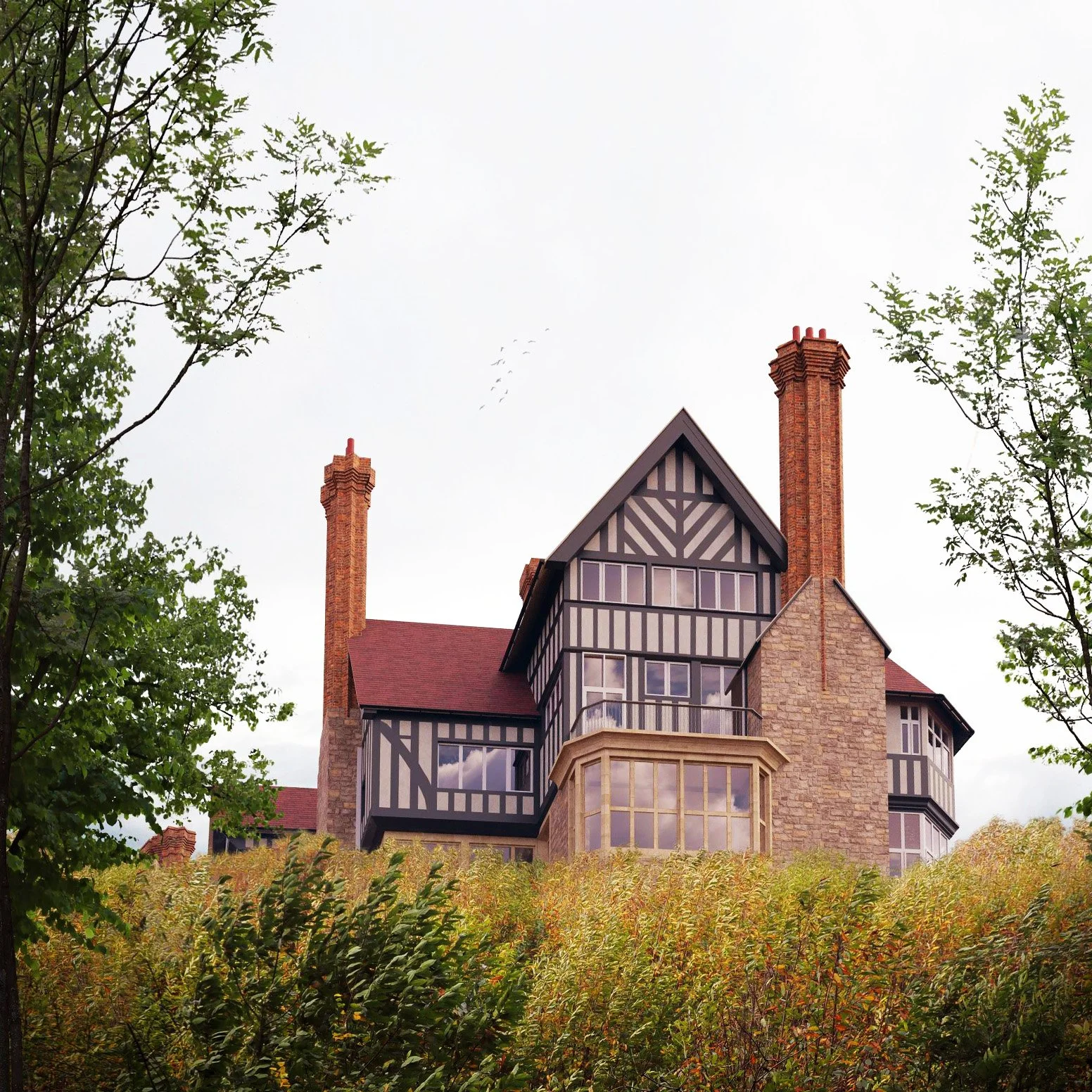 Large historic house with Tudor-style black and white timber framing, multiple large windows, stone and brick chimney stacks, surrounded by trees and shrubs.