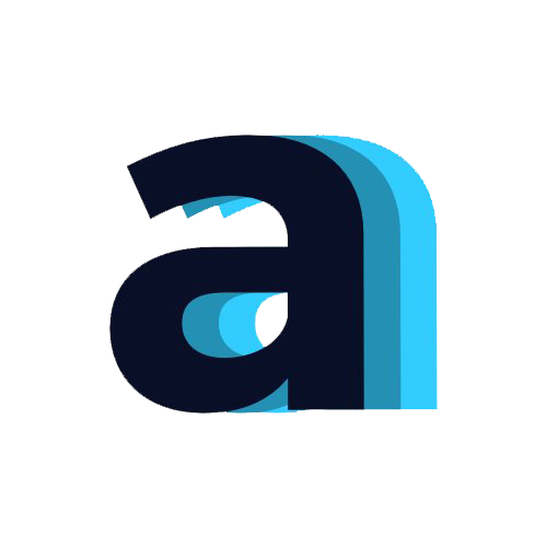 Stylized letter 'a' with overlapping shades of blue and black