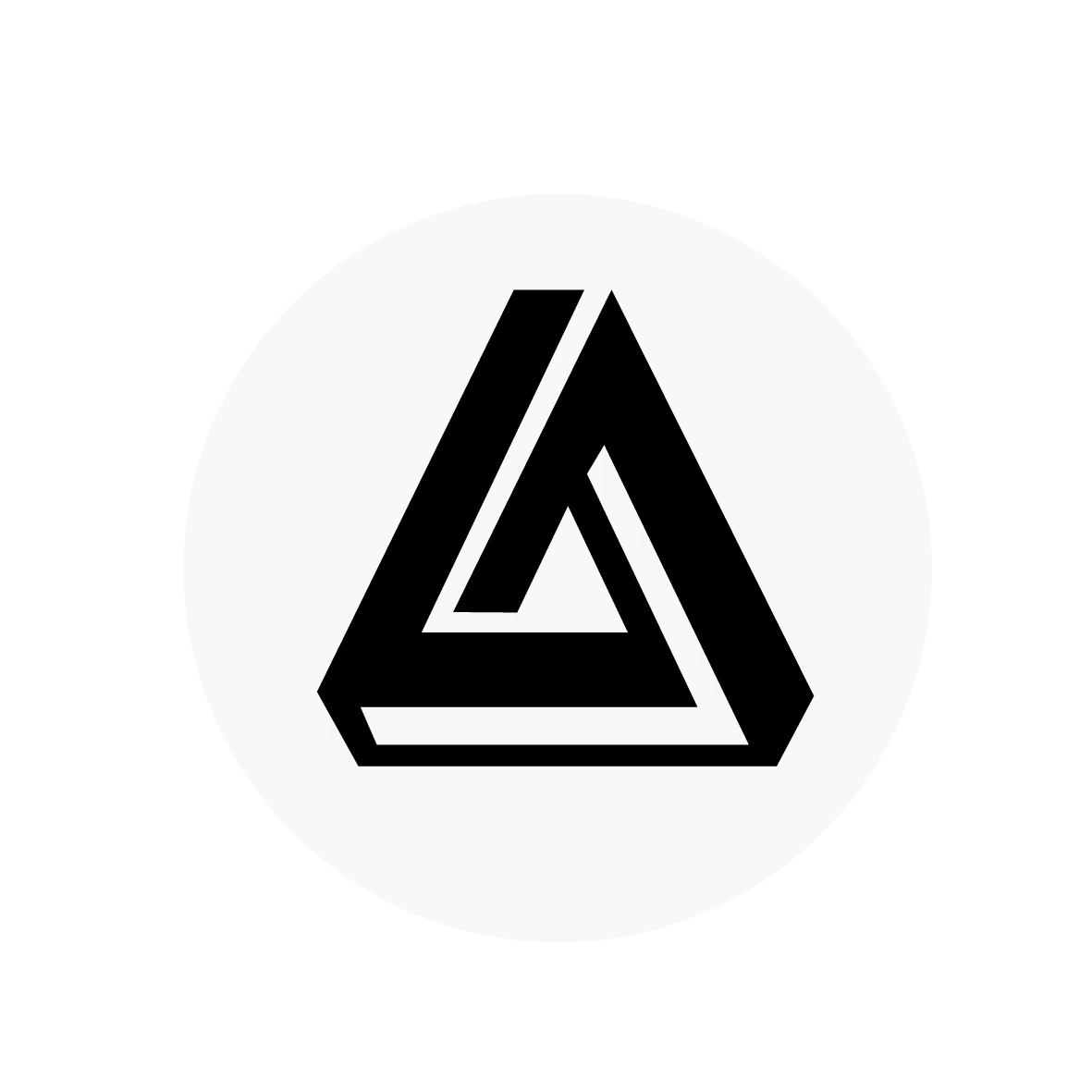 Black and white symbol with an optical illusion of a Penrose triangle inside a circle.