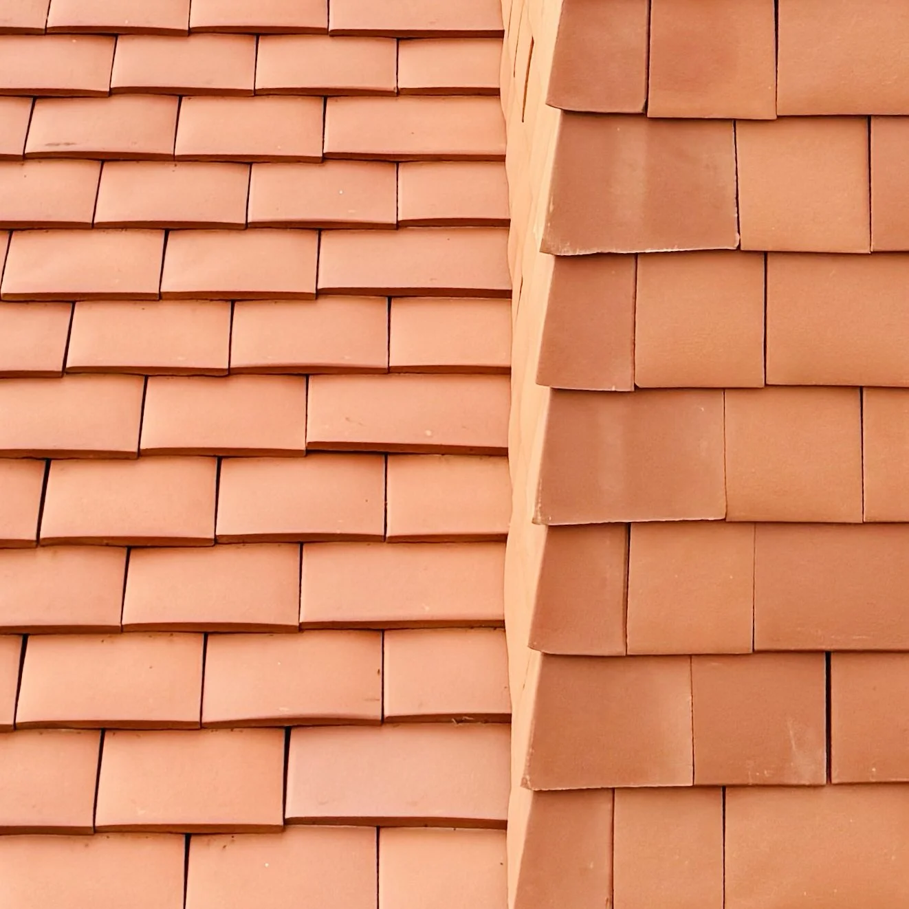 Close-up of a terracotta tile roof with two different styles of tiles, one flat and one curved, arranged in overlapping rows.
