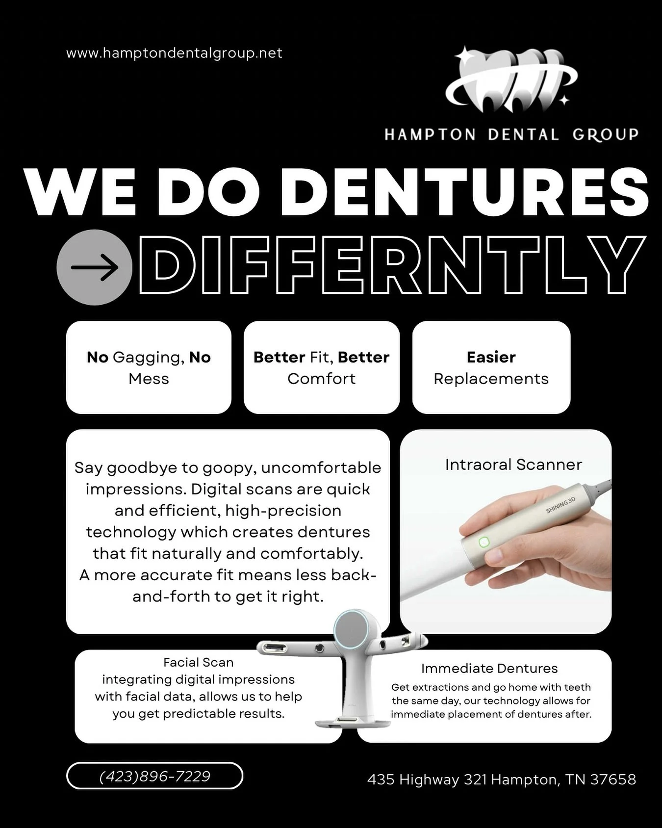 ✨ Dentures made simple, comfortable, and modern.
No messy impressions. No endless adjustments. Just a natural fit designed with today&rsquo;s technology. 🦷

At Hampton Dental Group, we&rsquo;re changing the way dentures are done:
✔️ No gagging, no m