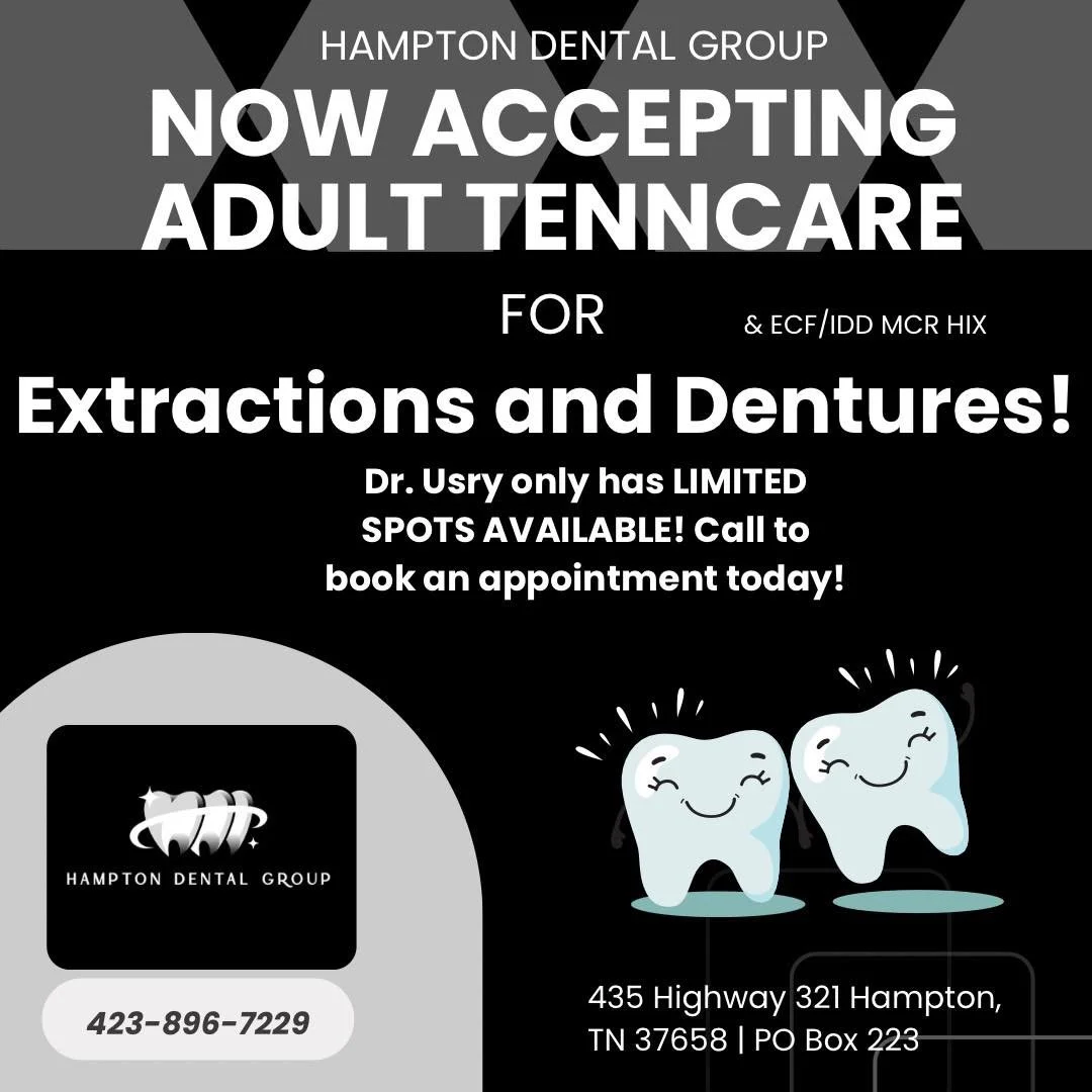 Great news East Tennessee! We are expanding services and are now able to accept TENNCARE for patients in need of EXTRACTIONS OR DENTURES! Increasing quality access to dental care! Call and schedule your appointment today! 423-896-7229!!! Share the ne