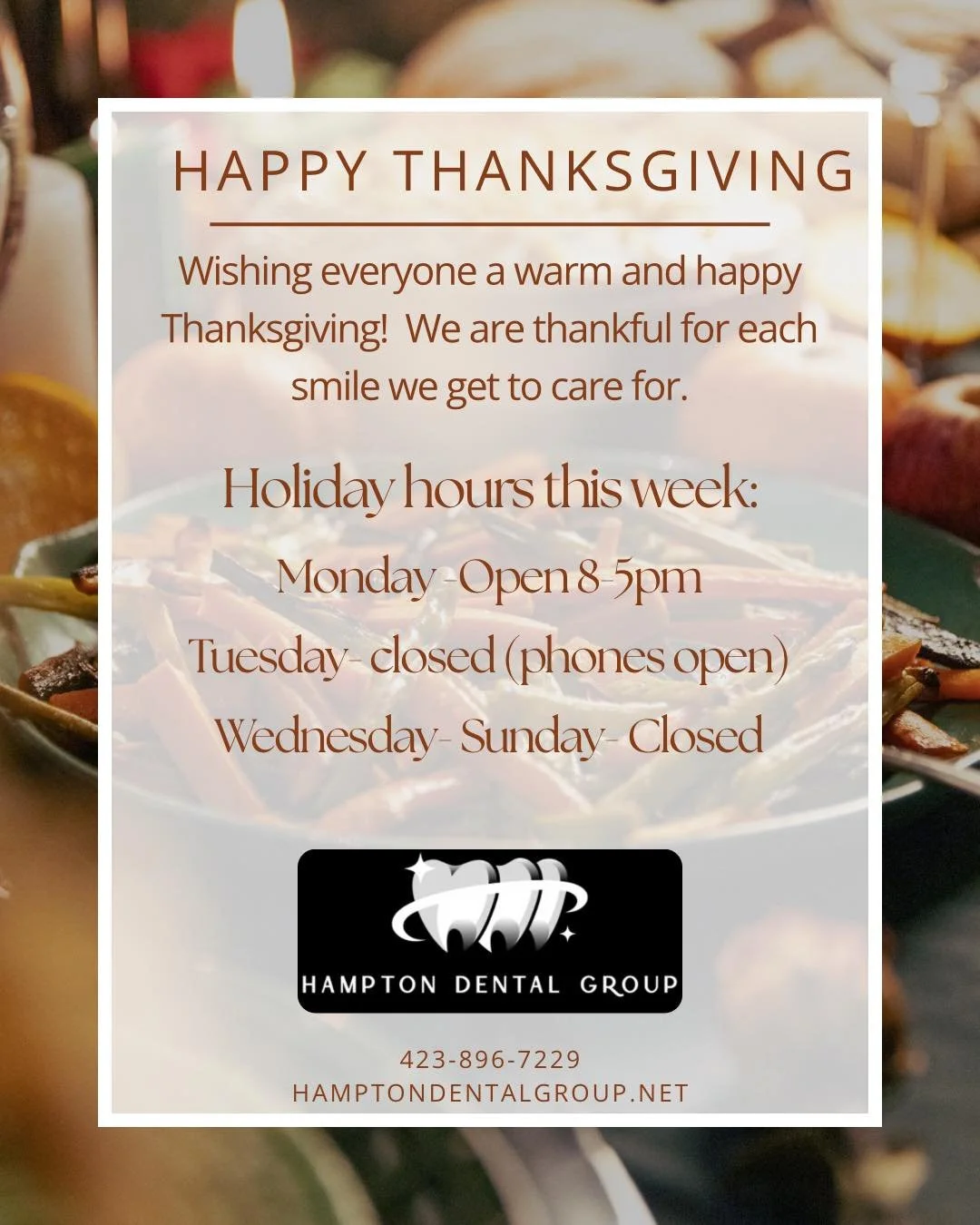 Holiday Hours!
We&rsquo;re feeling extra thankful for our wonderful patients, our incredible team, and every smile we get to care for all year long!

While you&rsquo;re enjoying all the holiday goodies, here are a few friendly dentist tips to keep yo
