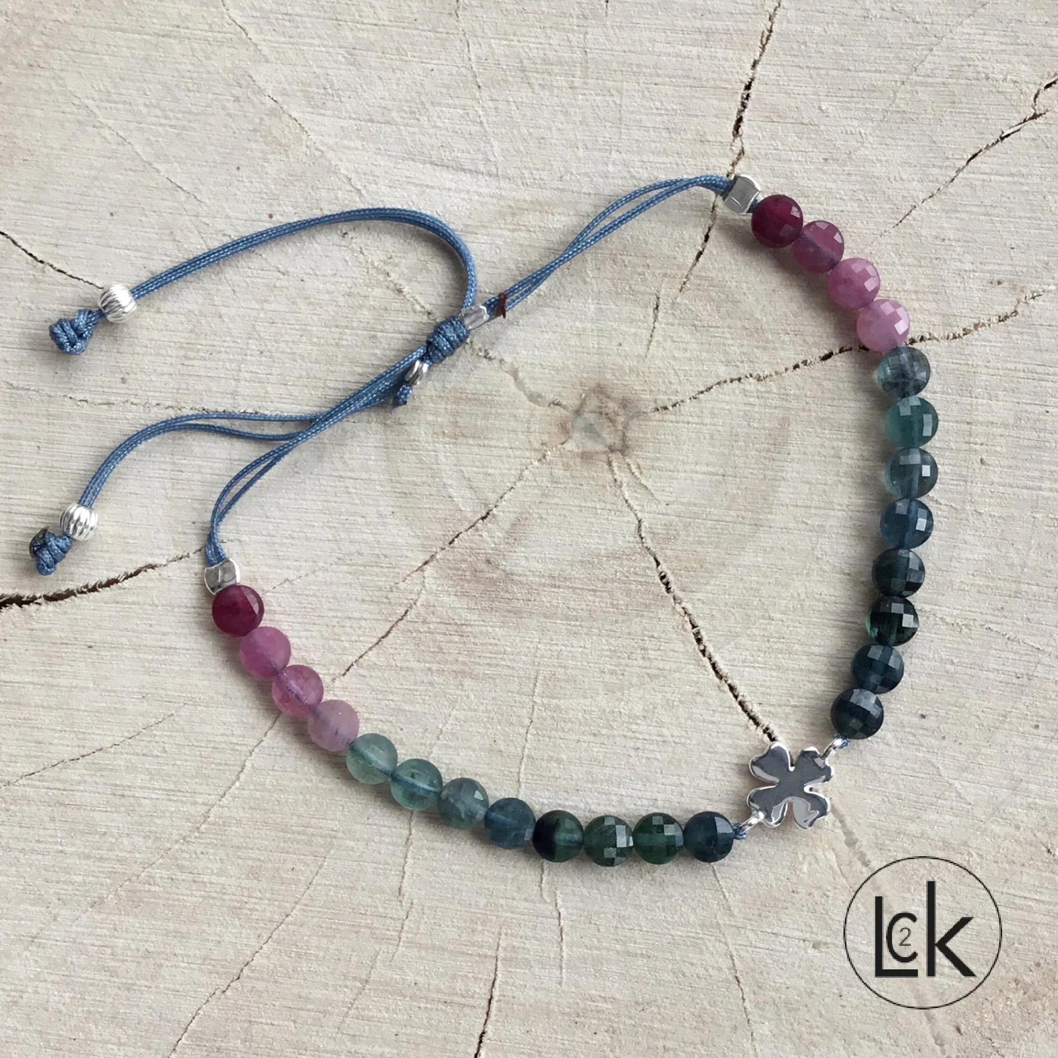 Bracelet Tourmaline bleu et rose  Trèfle à quatre feuilles