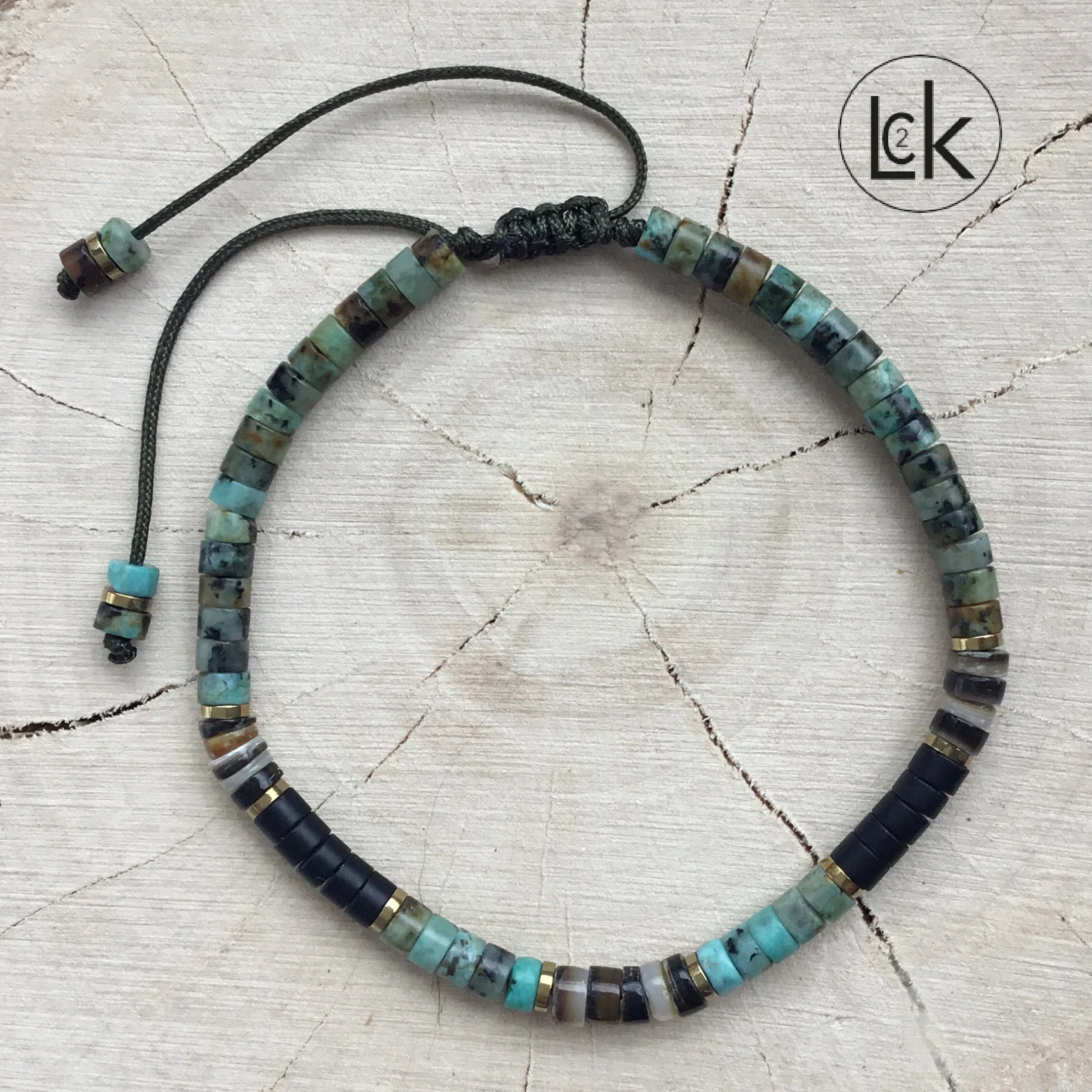 Bracelet masculin Turquoise d'Afrique, Onyx noir mat et coquillages