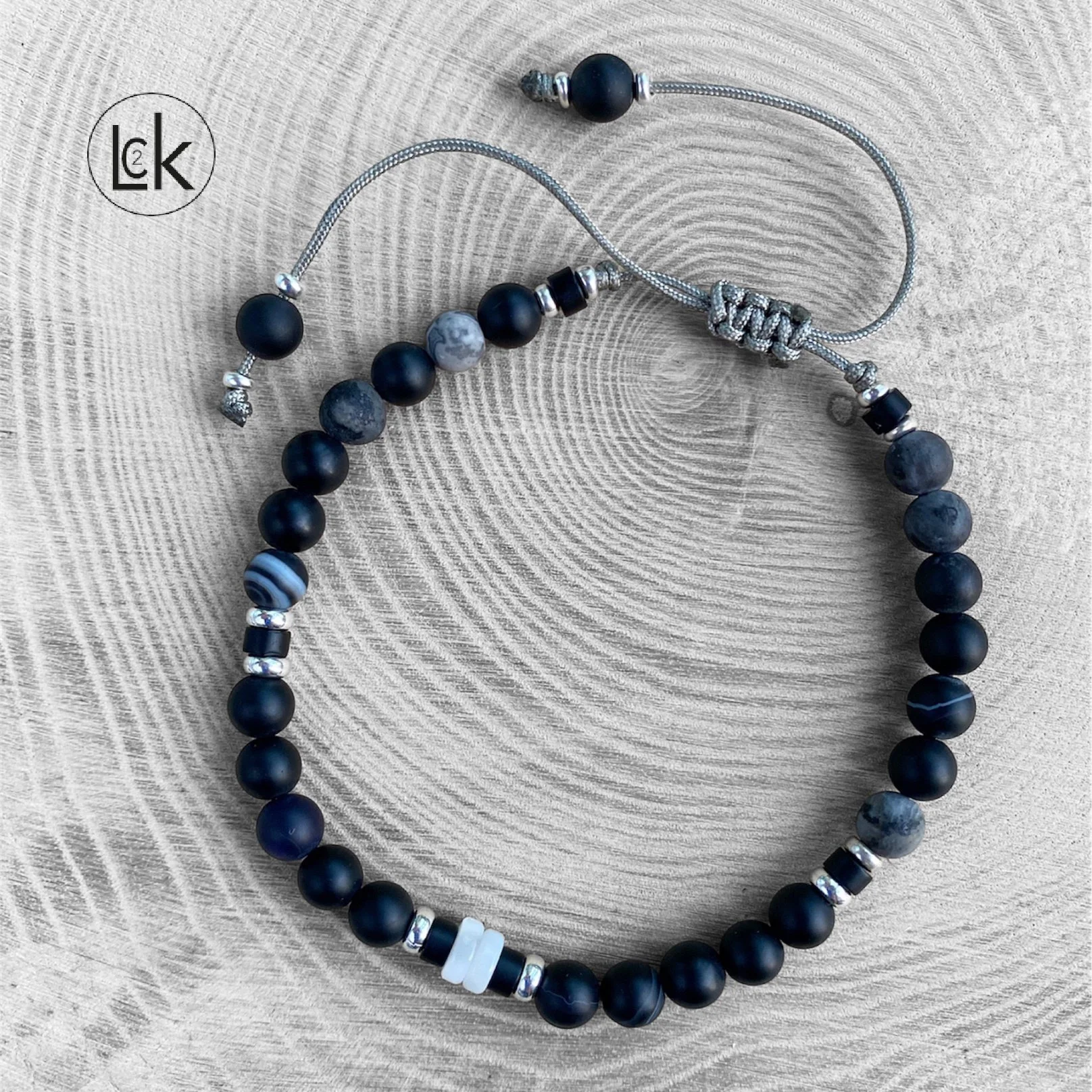 Bracelet Homme en Onyx  Jaspe gris et Nacre