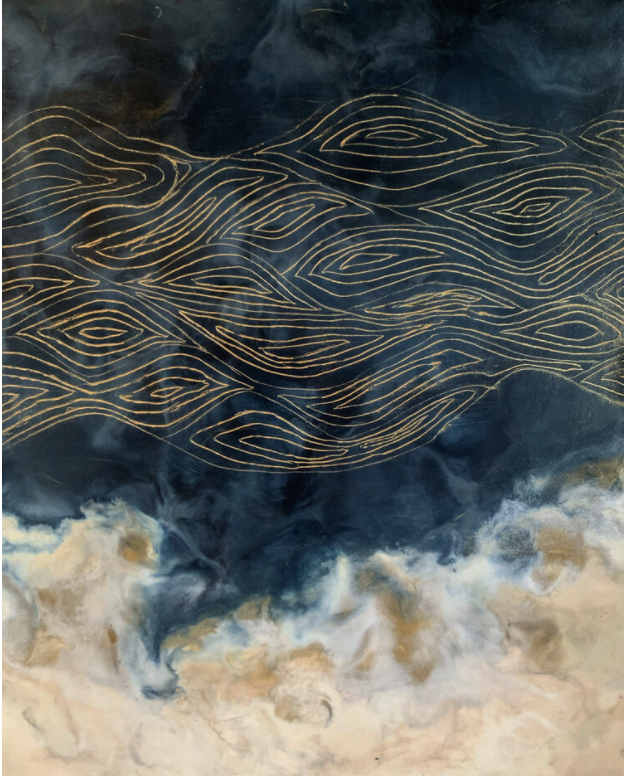 riding seaward on the waves; encaustic, pigment and oil stick on wood, 9 x 12 inches SOLD