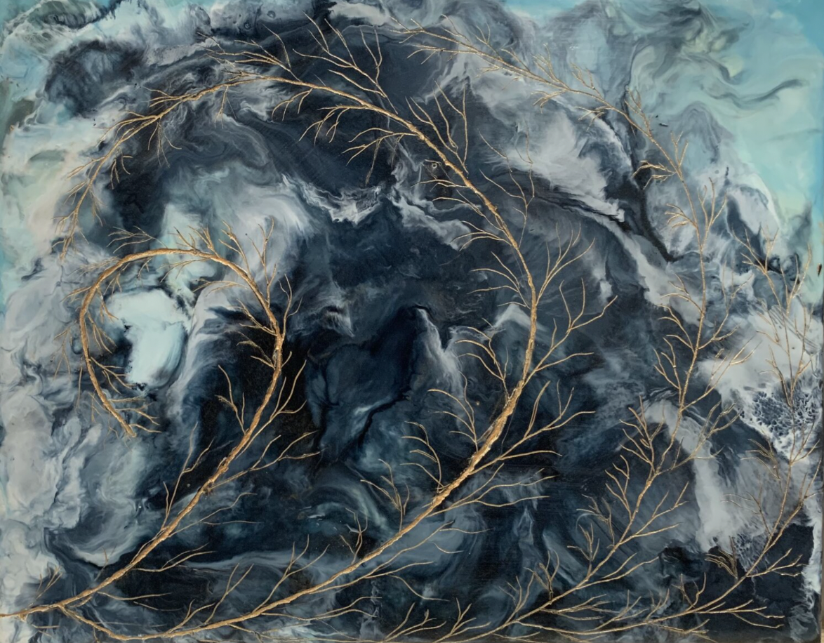 flow; encaustic, pigment and oil stick on wood, 9 x 12 inches SOLD