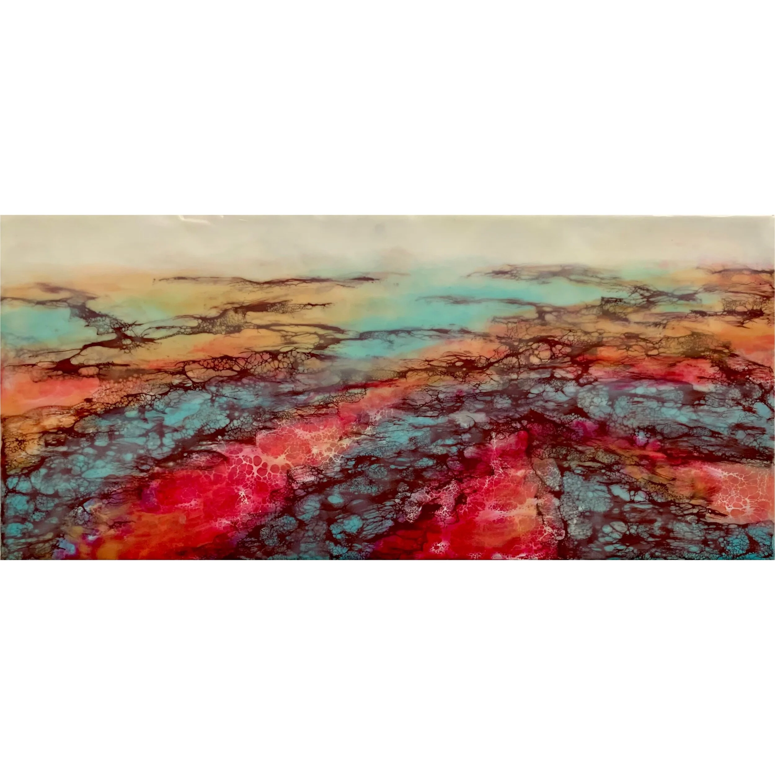 skirting this danger for a long time; encaustic, shellac and pigment on wood, 10 x 22 inches