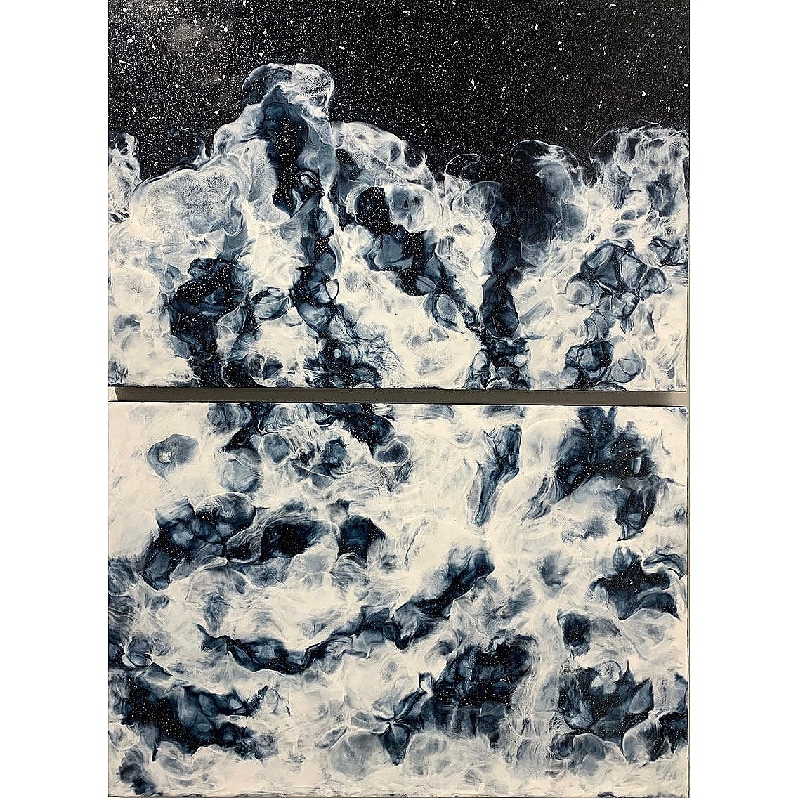 participating in their stillness, encaustic, pigment, oil stick and silver leaf on wood, 36 x 48 inches (diptych) SOLD