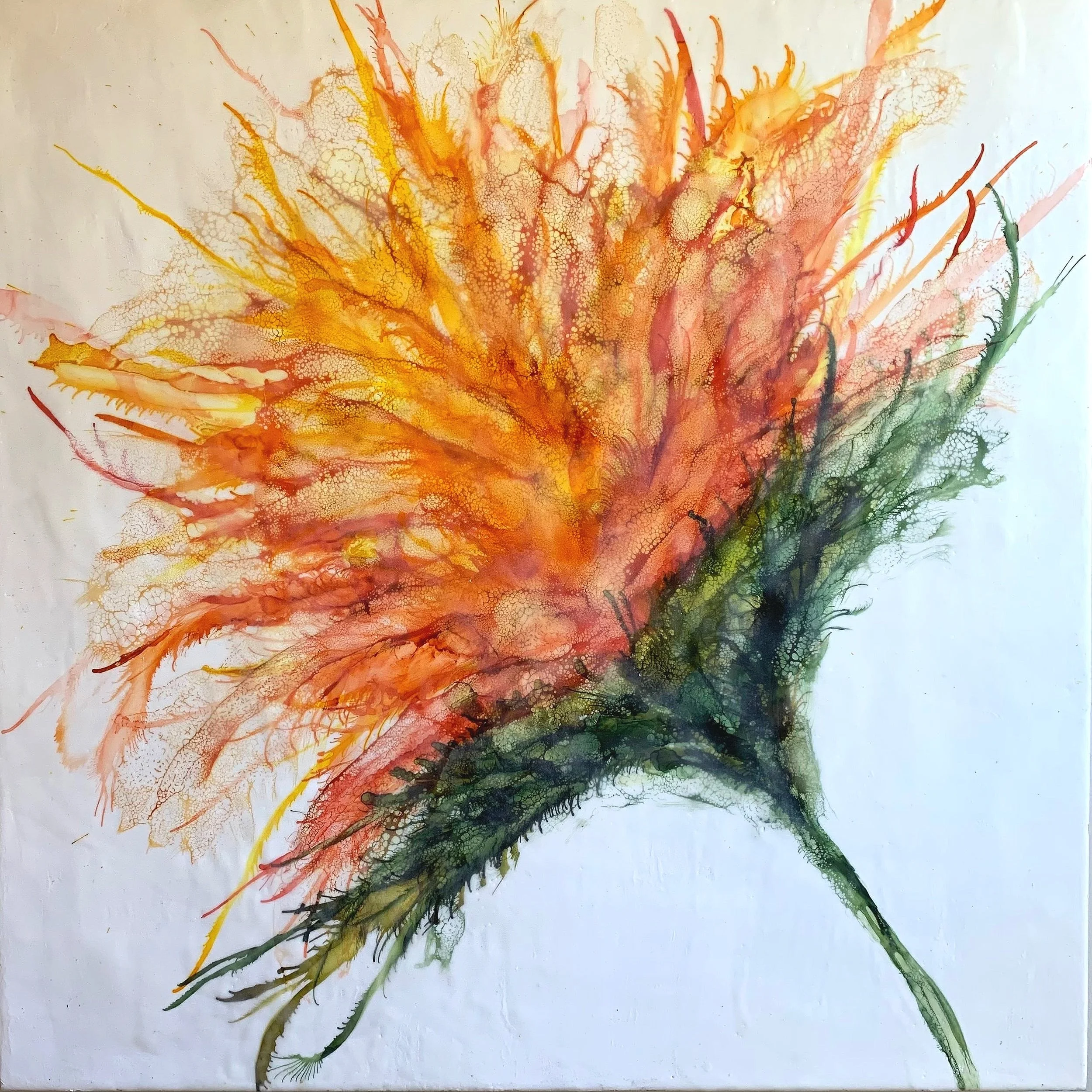 do you return again; encaustic, ink, shellac and pigment on wood, 24 x 24 inches