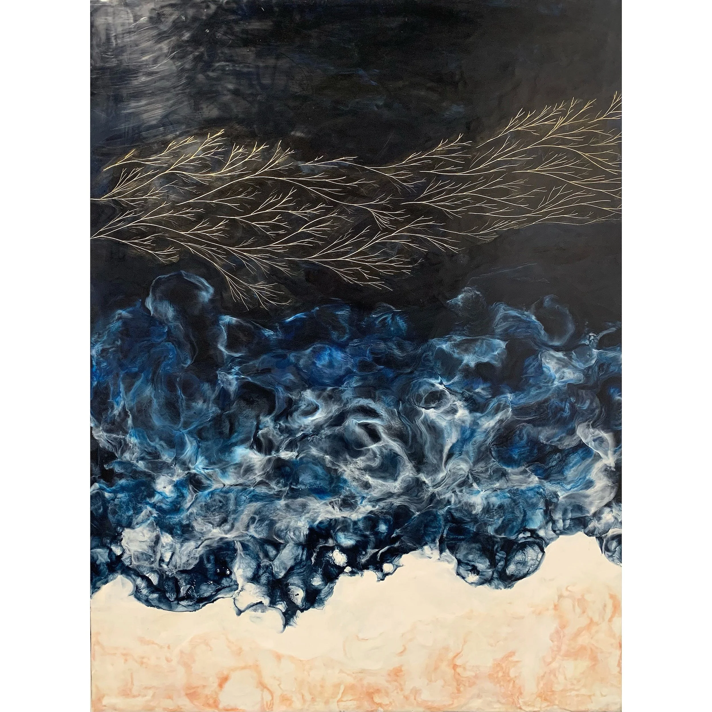 coming from afar; encaustic, pigment and oil stick on wood, 36 x 48 inches SOLD