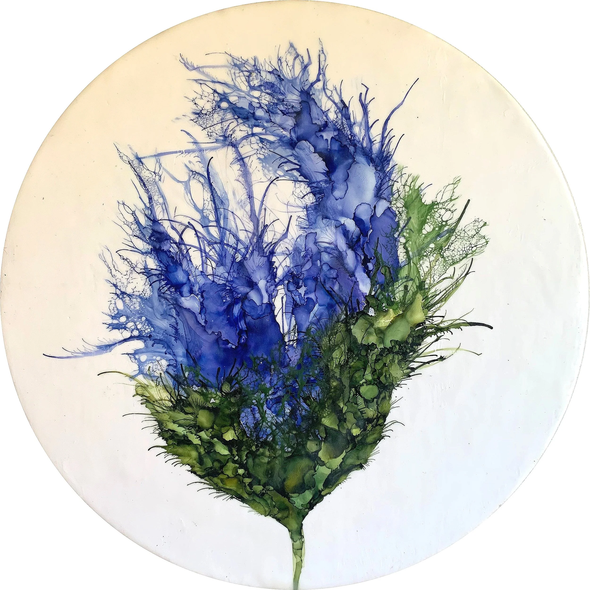 little bell; encaustic, ink, shellac and pigment on wood, 14 inch diameter