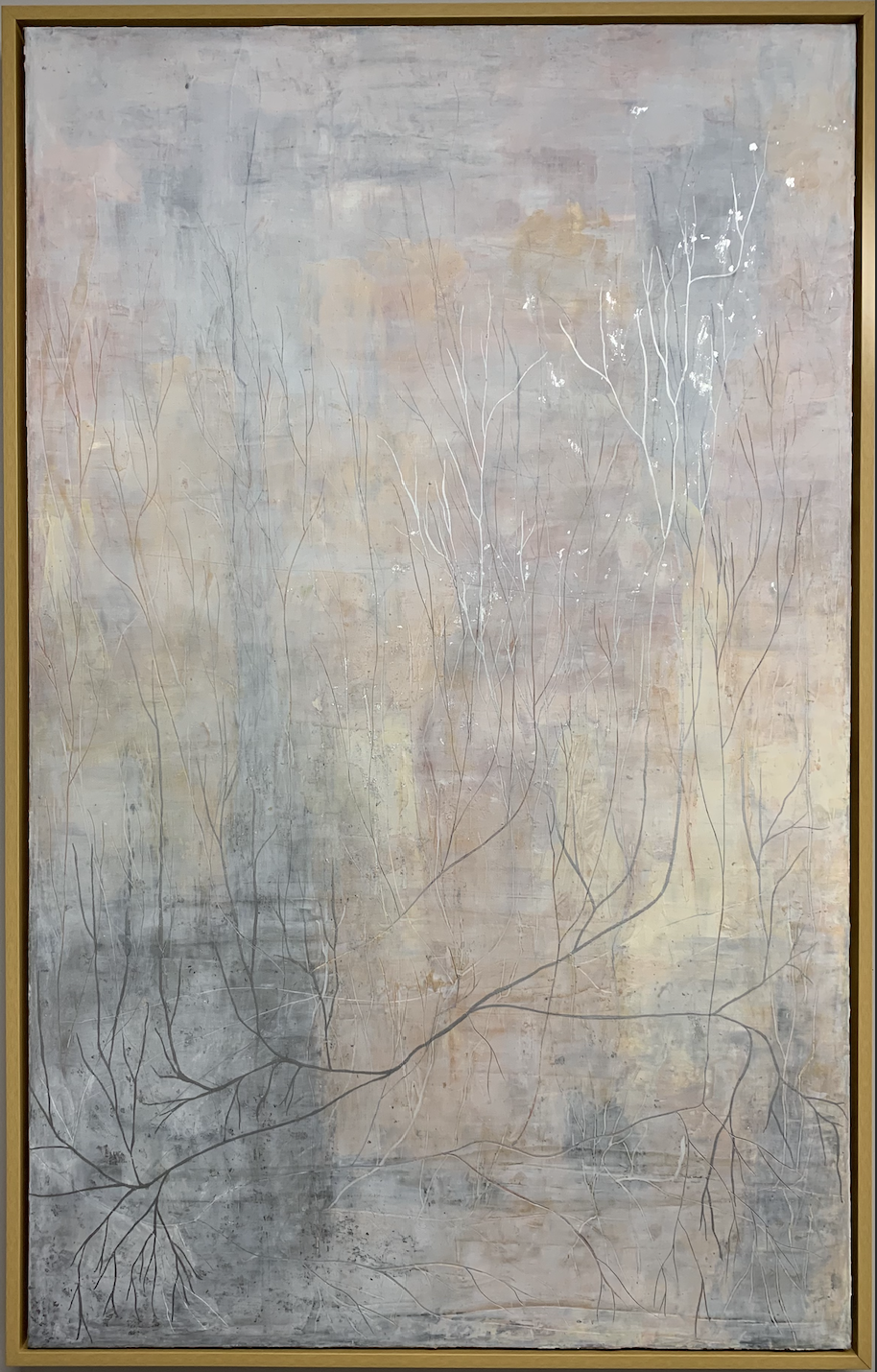 more exquisite flowers; cold wax, oil and metal leaf on canvas, framed, 30 x 48 inches