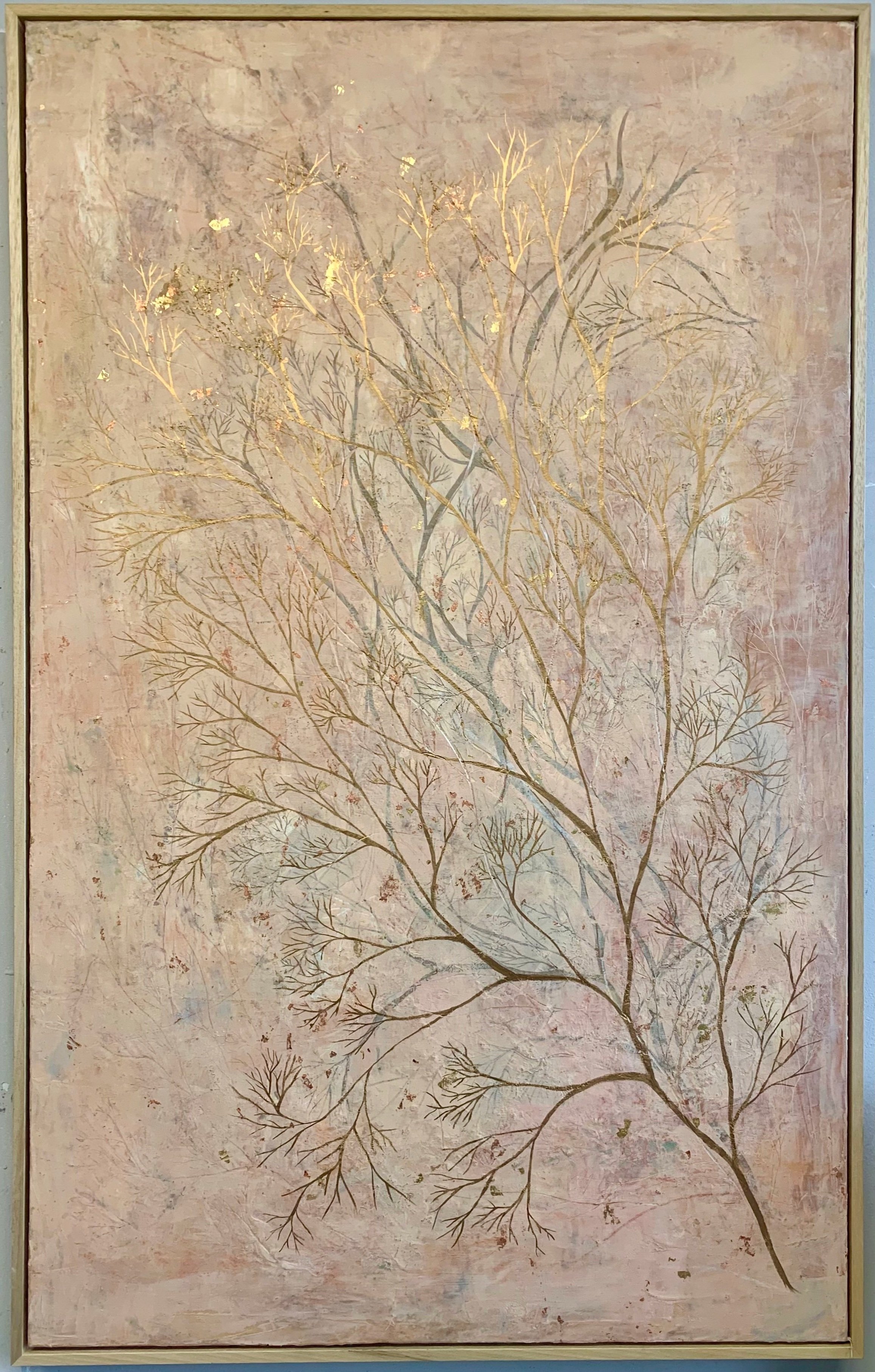 Purkinje; cold wax, oil, metal leaf and acrylic on canvas, framed, 30 x 48 inches