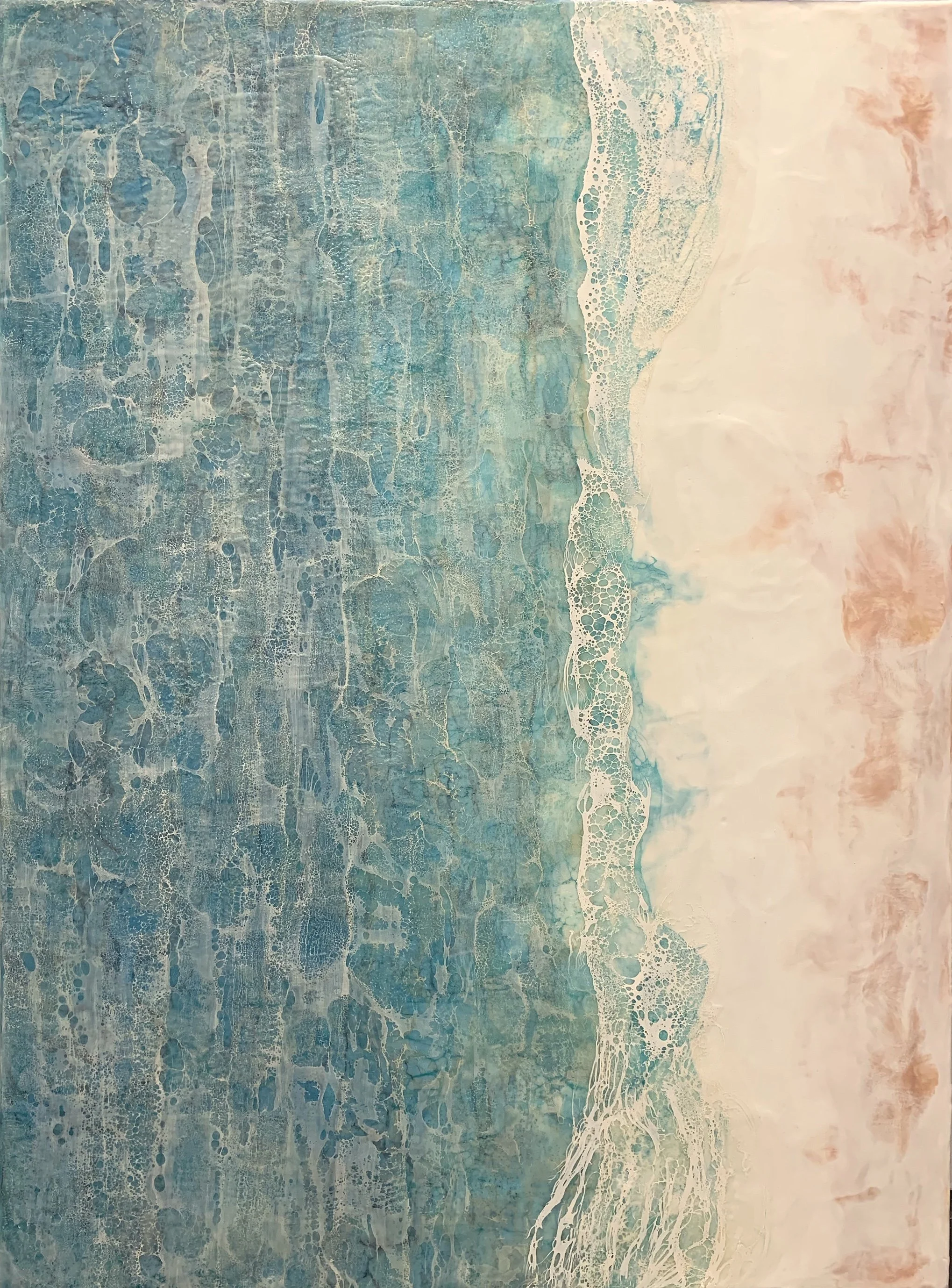 mermaids in the basement; encaustic, shellac and pigment on wood, 30 x 40 inches SOLD