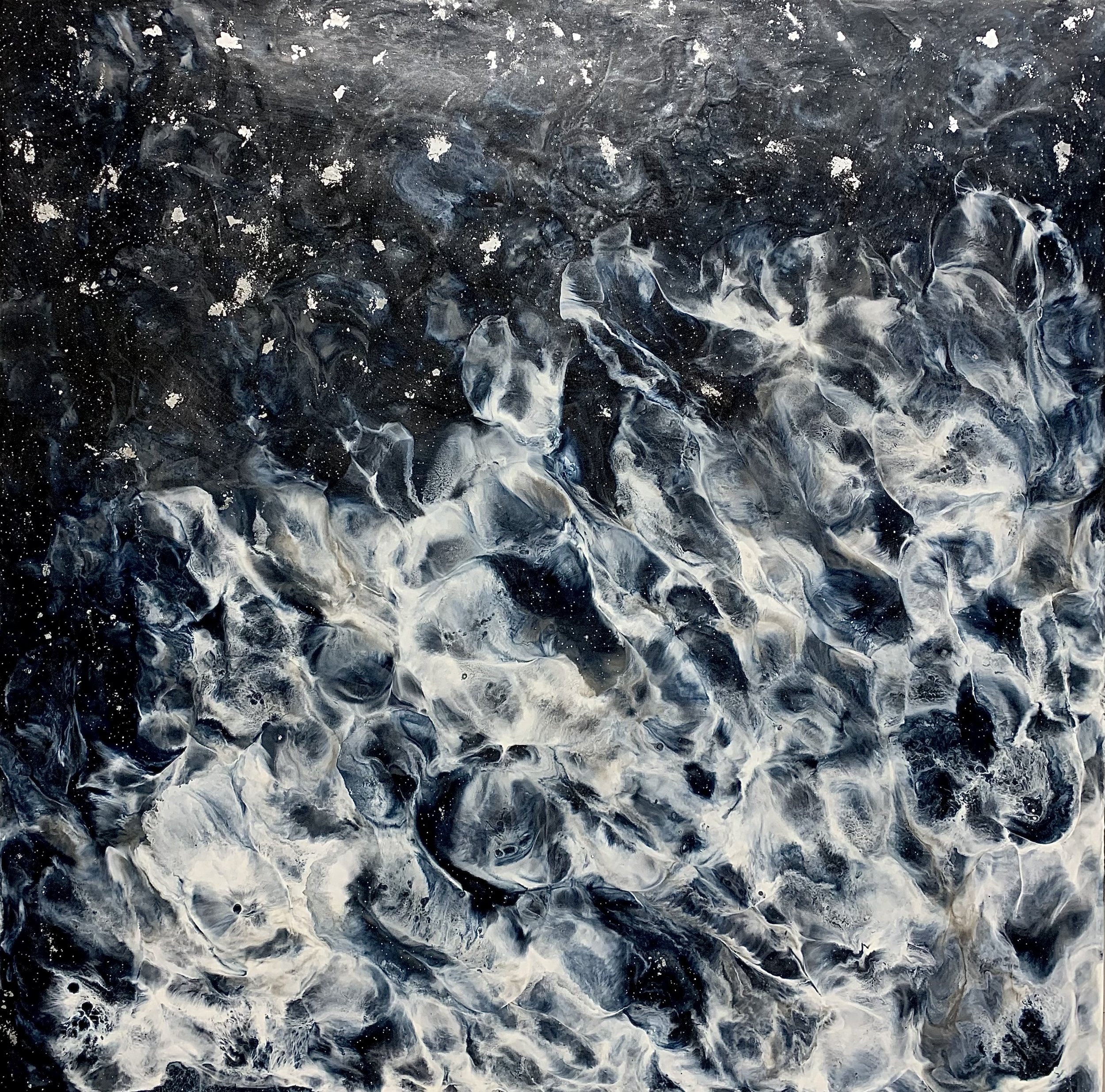 encaustic, pigment, oil stick and silver leaf on wood, 30 x 30 inches