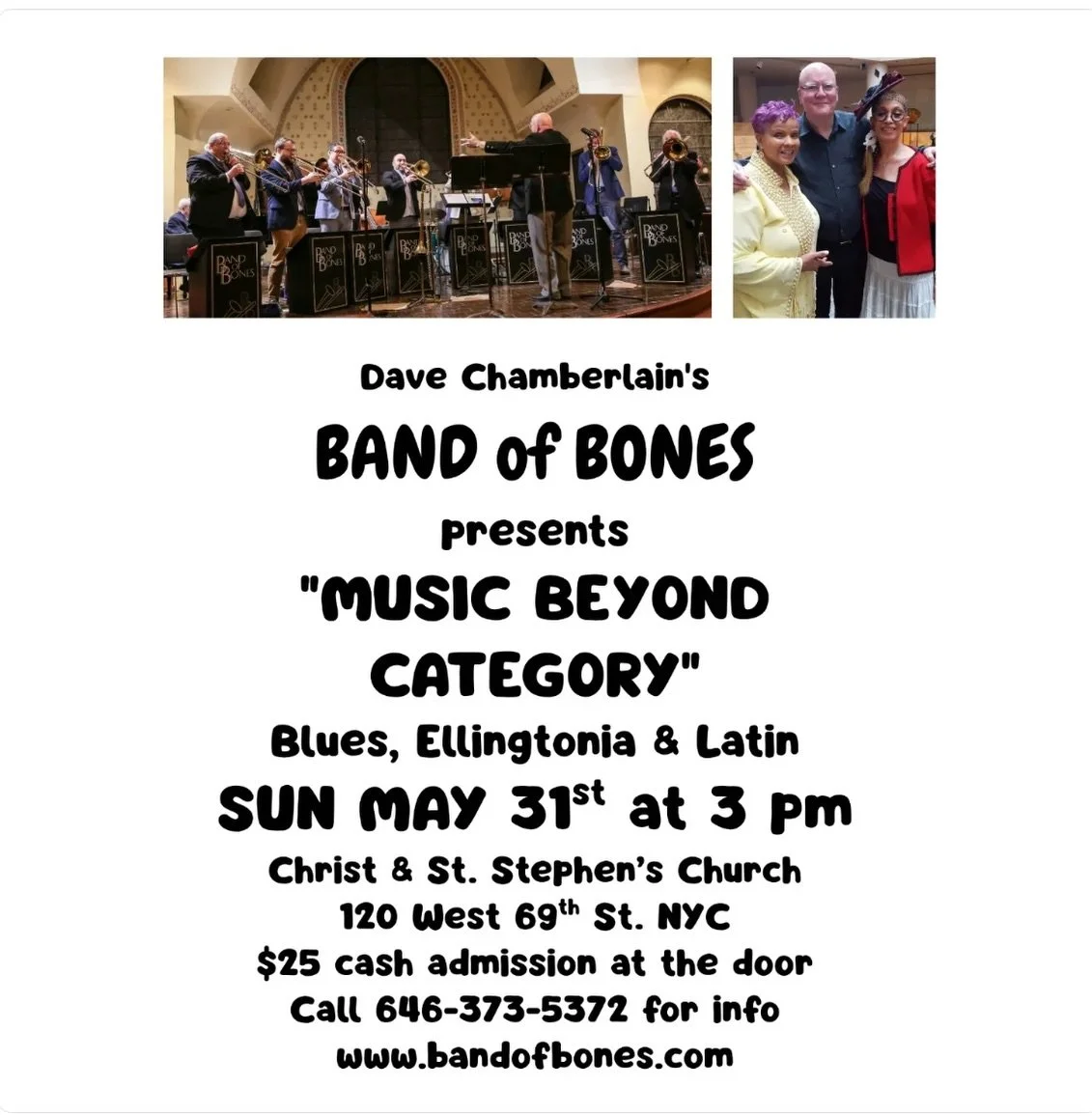 BEYOND CATEGORY: The David Chamberlain Band of Bones Plays Ellington

Sunday, May 31, 2026
3:00 PM  5:00 PM
The David Chamberlain Band of Bones presents BEYOND CATEGORY, featuring Mercedes Ellington and acclaimed vocalist Antoinette Montague &mdash; 