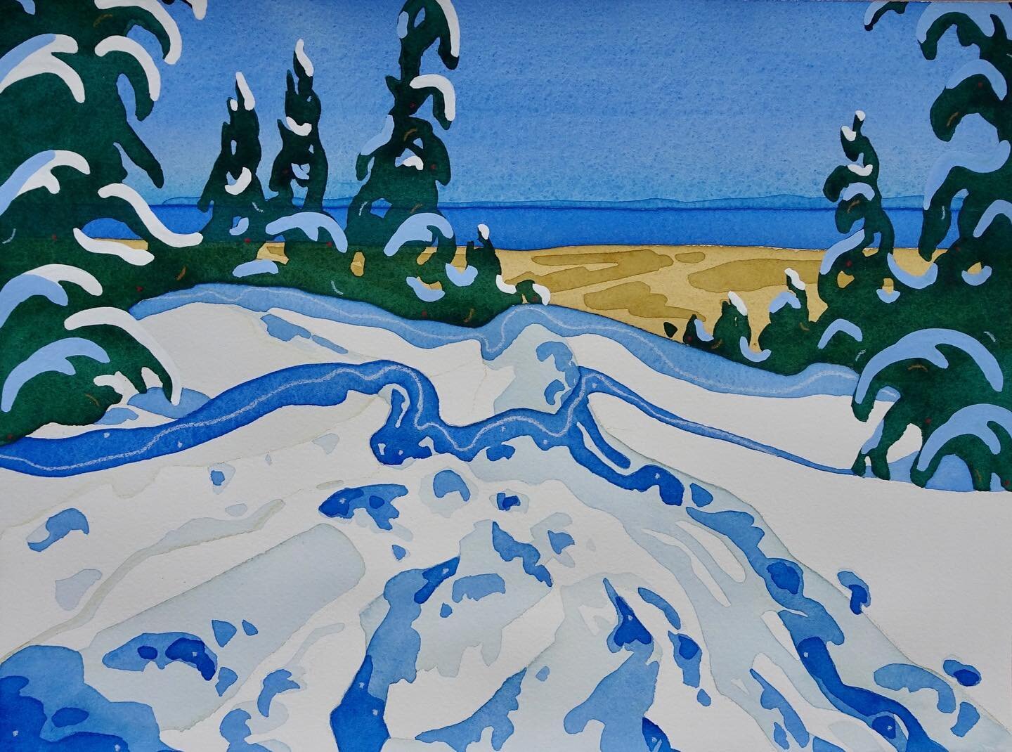 There is nothing like a Bluebird day!! The snow is fresh, the blue of the bay and the shadows in the snow are so intense. I can never get enough of this kind of day😊 #gillcameronart #gillcameronwatercolourartist #canadianartist #ontarioartist #canad