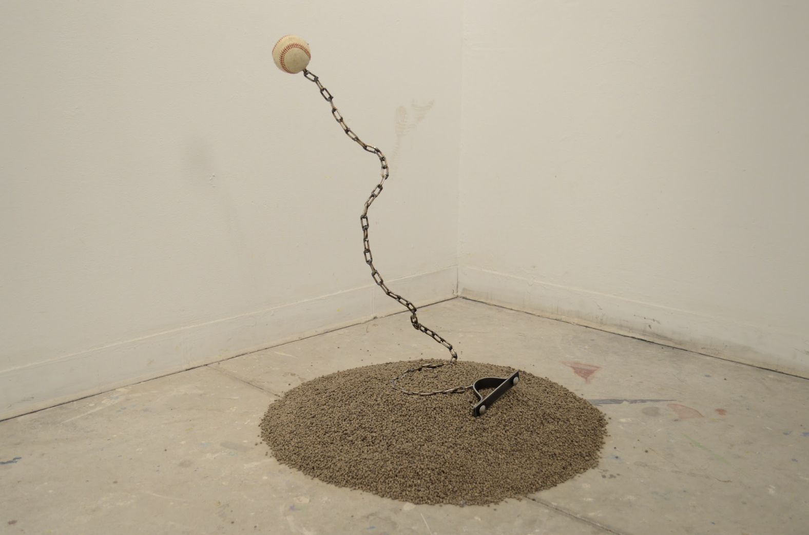 "Men In Stripes (The Pitcher)", 2024. Steel, dirt, chain, baseball.
