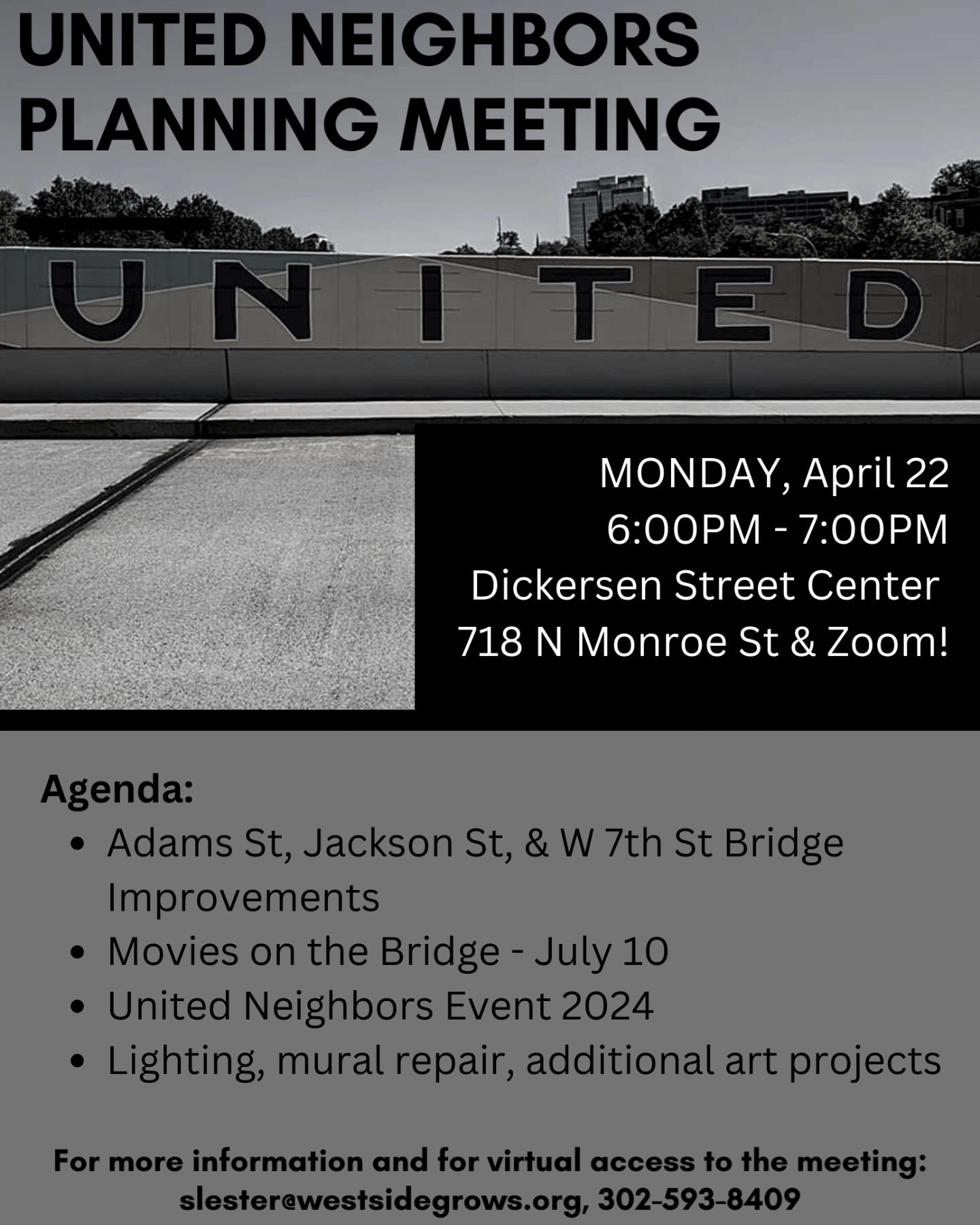 Tonight! Reconvening our United Neighbors Planning Team for the first of several meetings to discuss upcoming improvements and events along I-95 to reconnect our communities across the highway. See you tonight or email Sarah or unitedneighbors@westsi