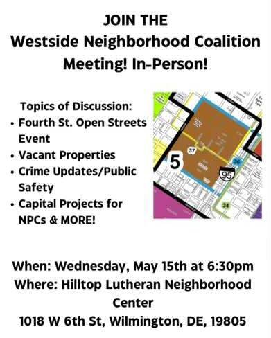 Happenings on the West Side of Wilmington. 

Join the in person meeting for the Westside Neighborhood Coalition meeting. 
Be apart of the discussion for different events happenings in your area. 

Happening this evening at 6:30pm. 

#westsidegrowstog