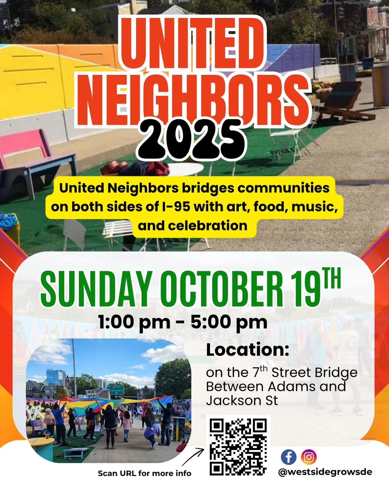 United Neighbors 2025 event is on Sunday October 19th from 1:00 to 5:00 pm. Come on out to re-paint a portion of the bridge, free food from local restaurants, learn about updates about bridge and more! YES, you can volunteer with us, DM us for the vo