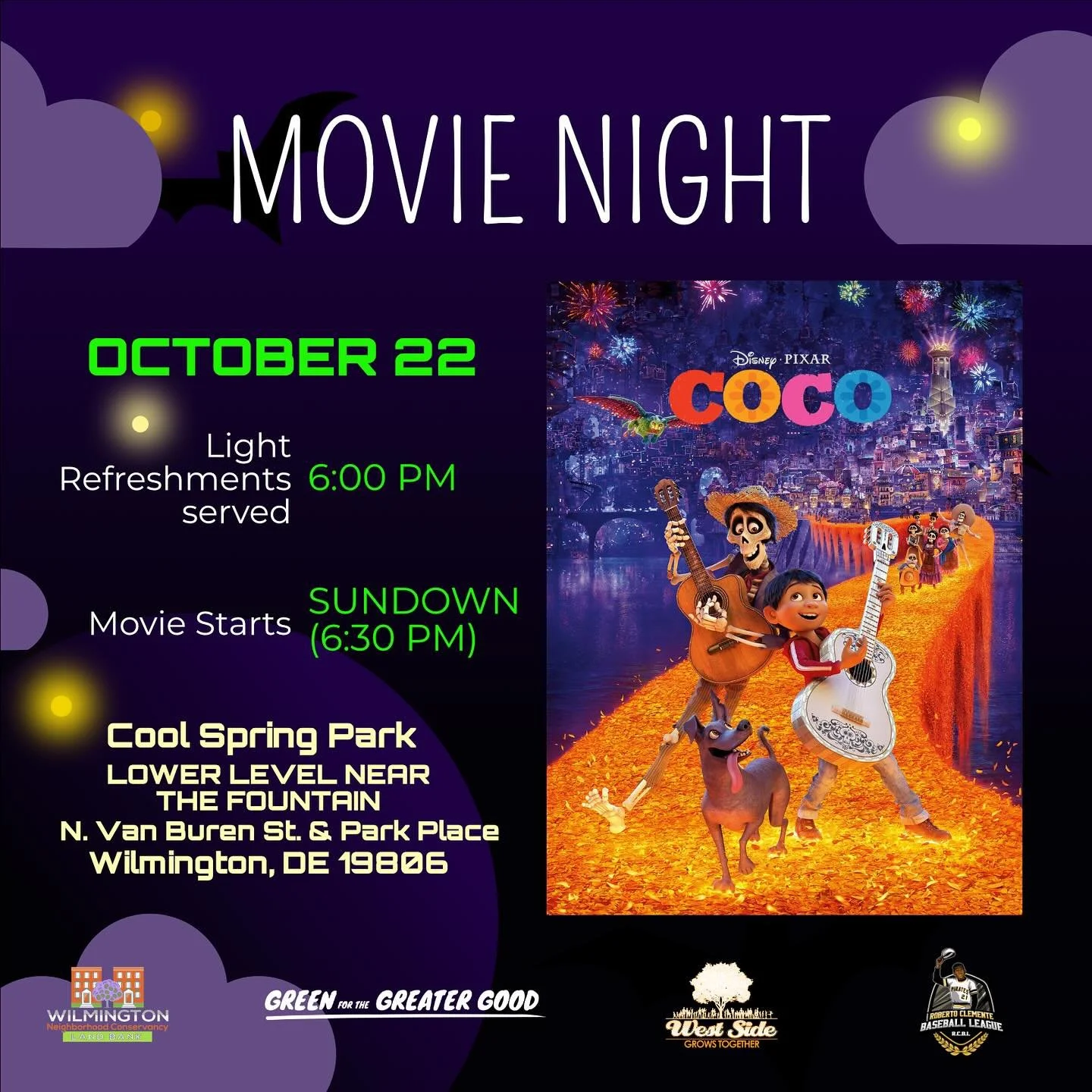🎬 Movie Night at the Market!
Join us this Wednesday at Cool Springs Park (10th & Van Buren St) for an evening of community fun 🌿
🕓 Market Hours: 3:30–6:30 PM
🎶 Live music by Neillyn Firpo (4–6PM)
🎥 Movie “Coco” begin