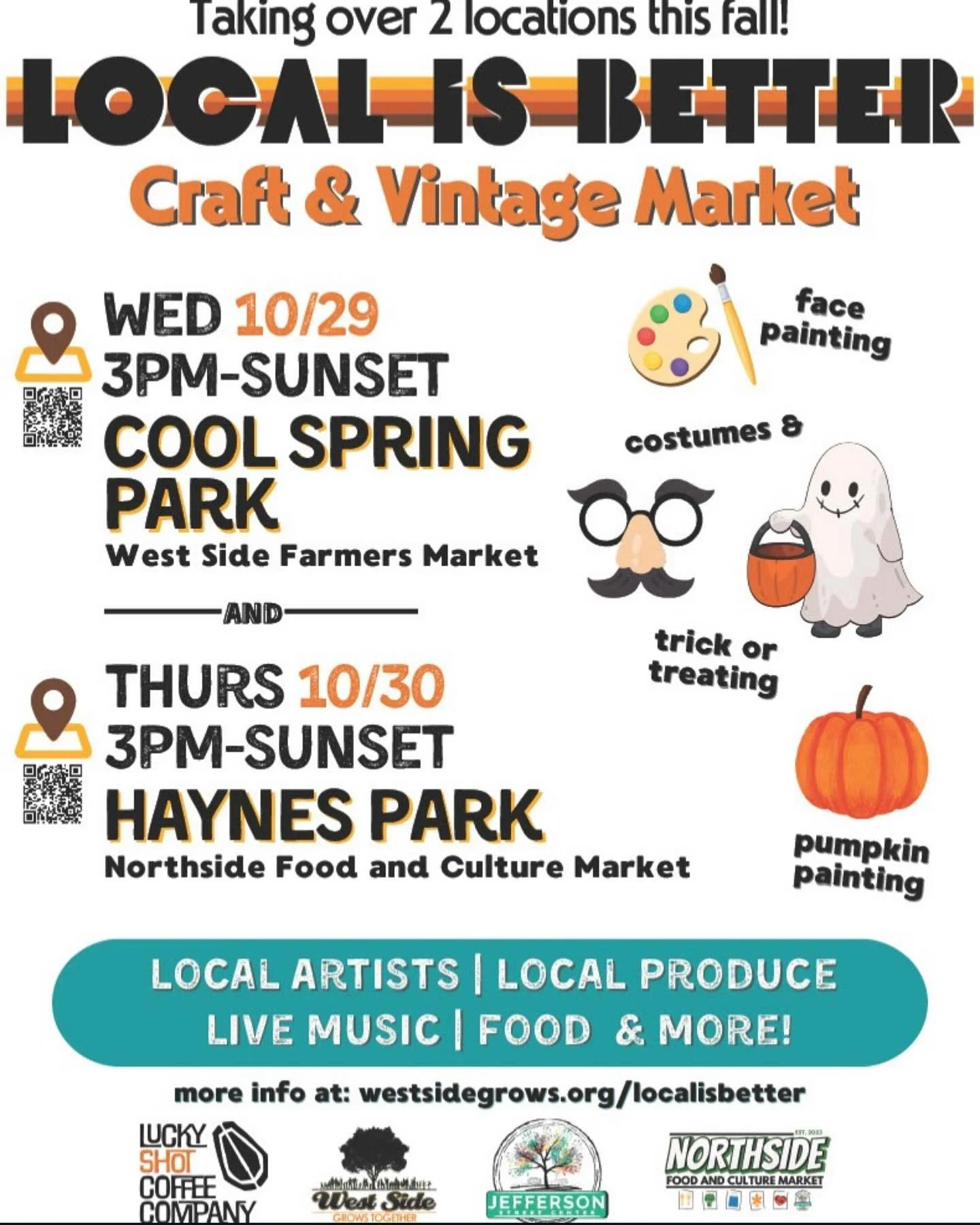 πβ¨ LOCAL IS BETTER is back this fall! β¨π this WEEK! 
We’re celebrating community, culture, and creativity with TWO amazing market days — full of local art, food, live music, and family fun! πΆπ₯
π Wed, Oct 29 – Cool Spring Park