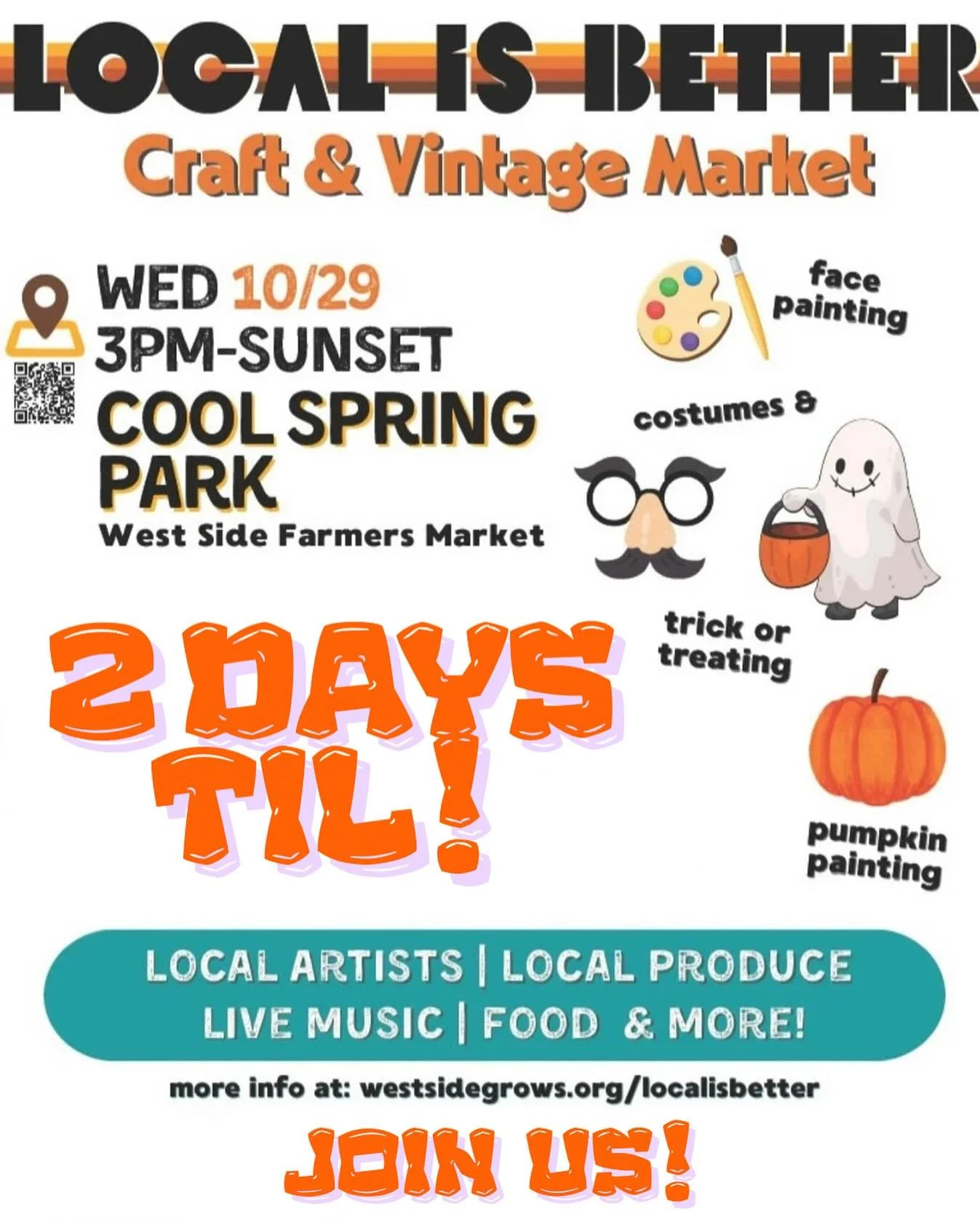 π LOCAL IS BETTER — This Wednesday Only!
We’re counting down to the Local Is Better Craft & Vintage Market happening Wednesday, October 29th, from 3PM to sunset at Cool Spring Park! π
Enjoy an evening full of:
π§π½‍π¨ Face Pain