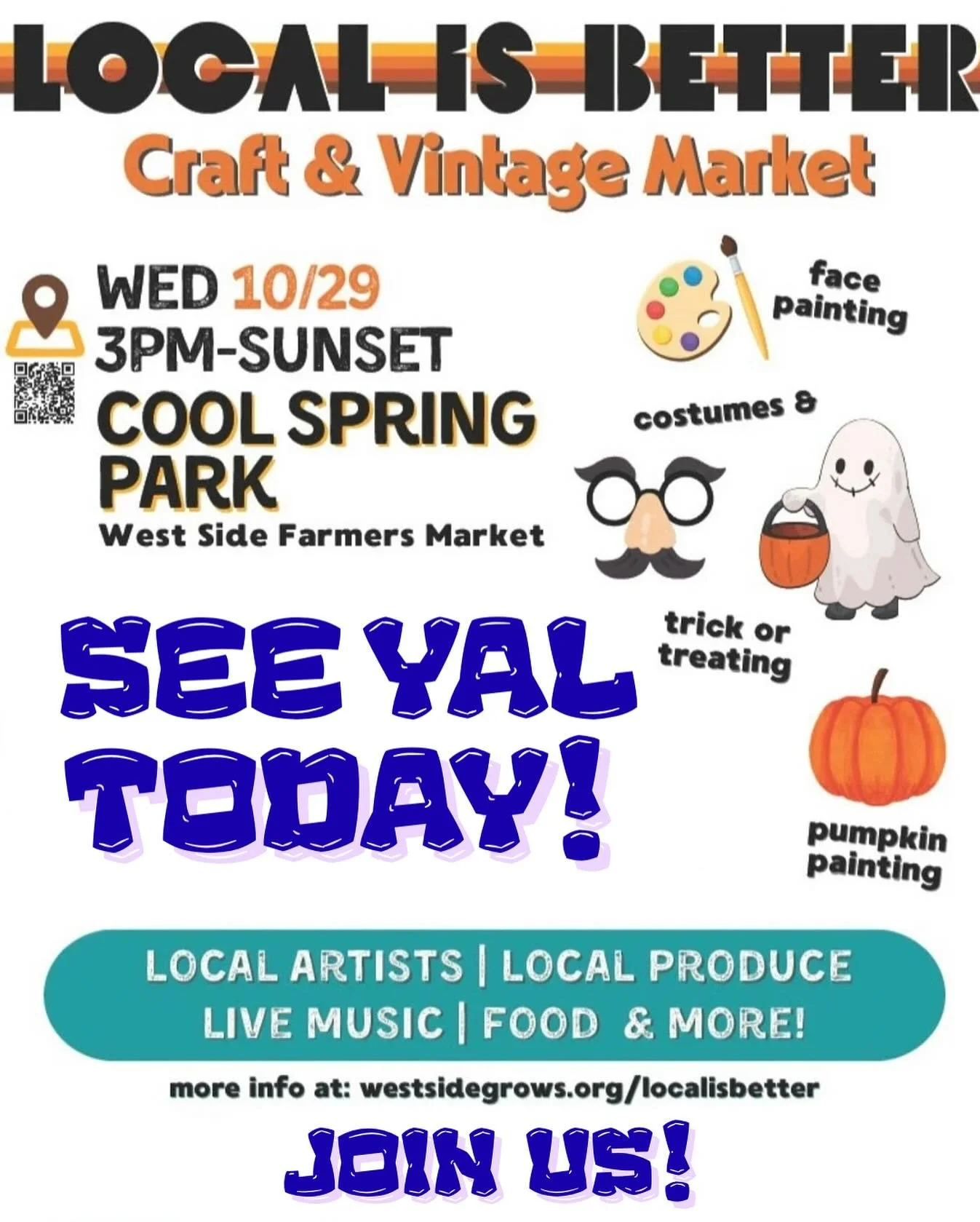 π LOCAL IS BETTER — This Wednesday Only!
We’re counting down to the Local Is Better Craft & Vintage Market happening Wednesday, October 29th, from 3PM to sunset at Cool Spring Park! π
Enjoy an evening full of:
π§π½‍π¨ Face Pain