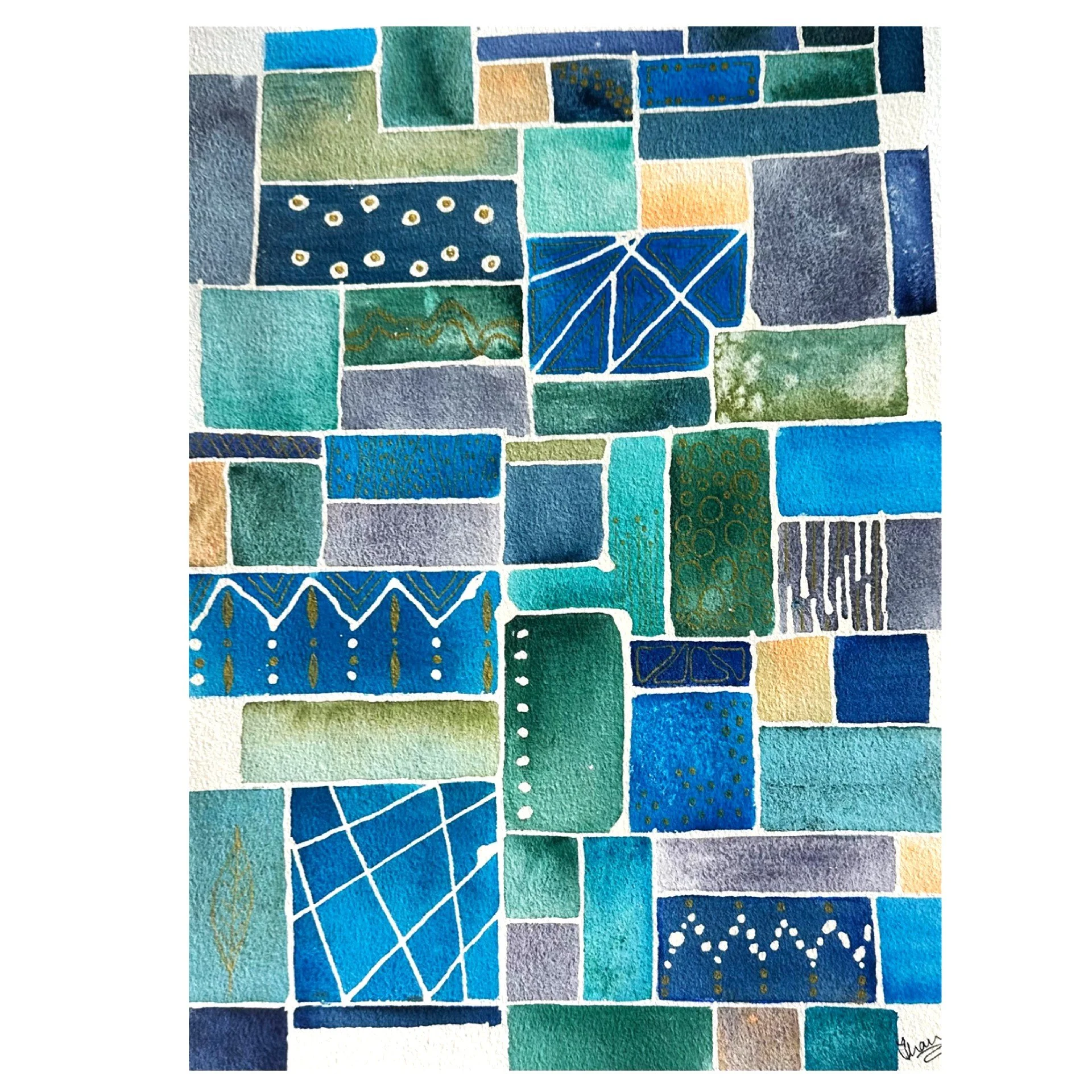 €30; "Medley in Blues and Greens" (watercolour in shades of blues and greens, finished with white gel pen; size 28x38cm)