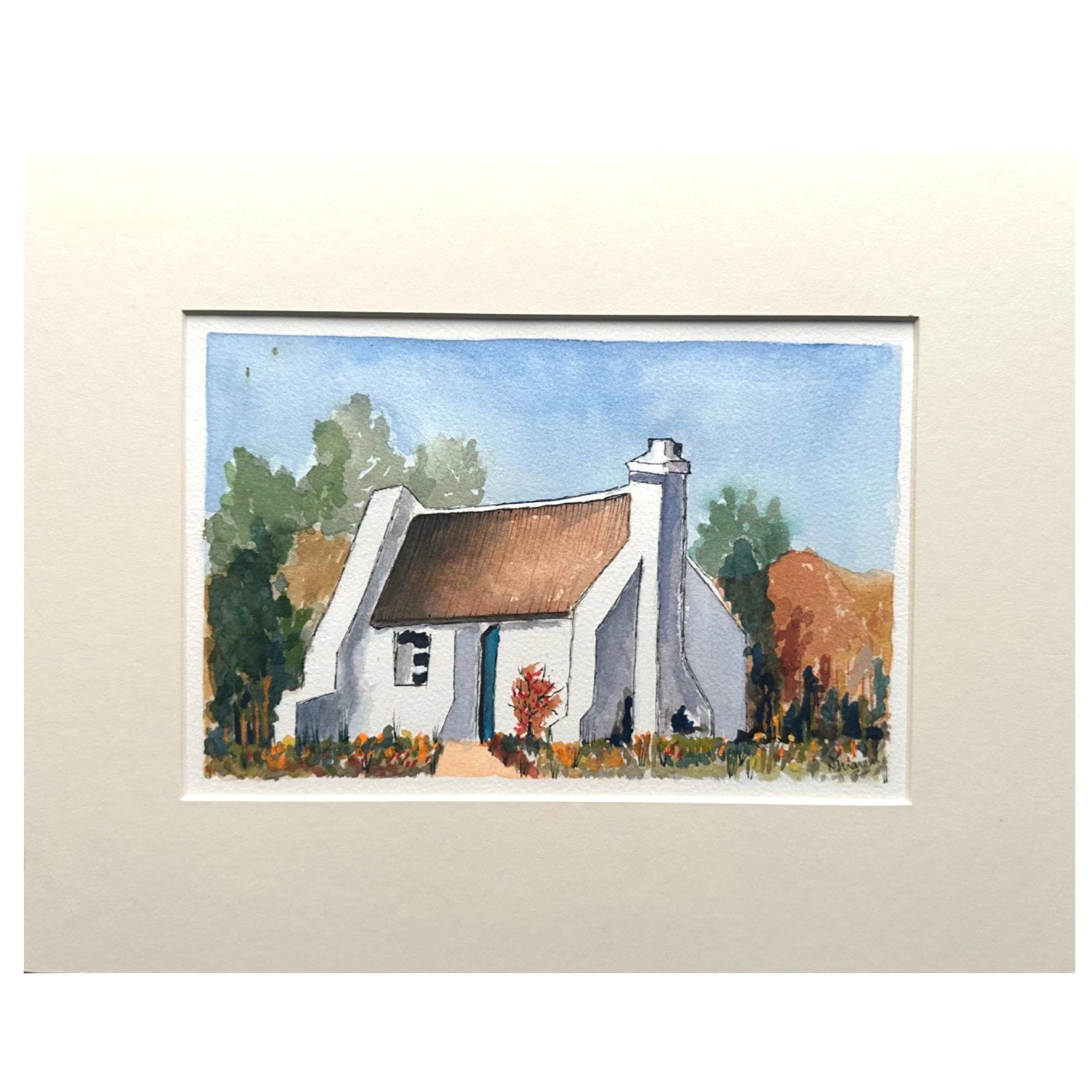 €30: "A Farm Cottage (watercolour on Arches paper; size is 14x22cm and with mount 27x35cm)  