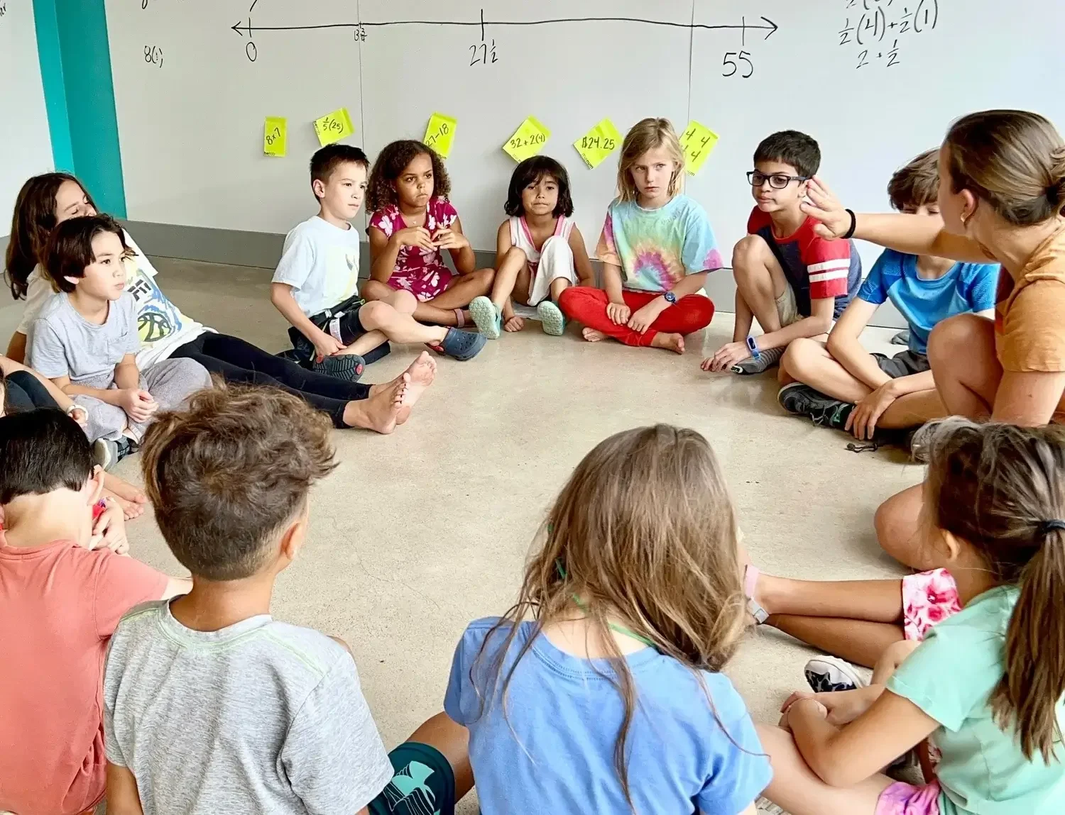 A group of children sit in a circle on the floor. There is a whiteboard and turquoise wall behind them. The floor is concrete. They are all looking towards the teacher, also sitting on the floor.