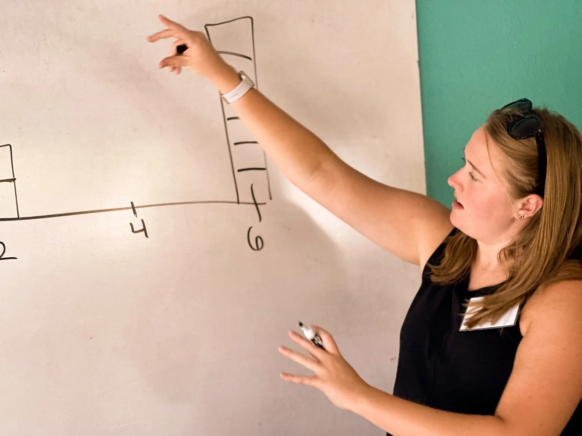 A woman in a black tank and sunglasses on her head points to a whiteboard and talks.