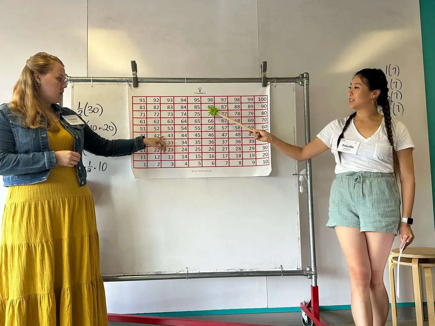 Two women in a classroom or educational setting demonstrating a math lesson. The woman on the right is holding a pointer and explaining a large multiplication chart on the whiteboard. The woman on the left is observing and listening. The whiteboard h