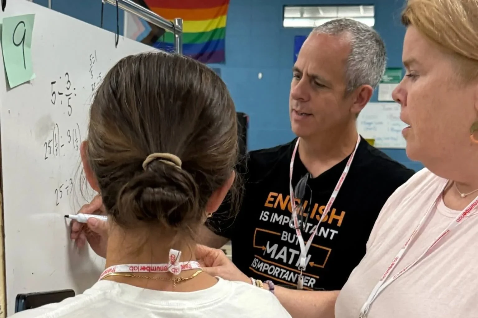 Two teacher leaders work with a consultant from The Number Lab.