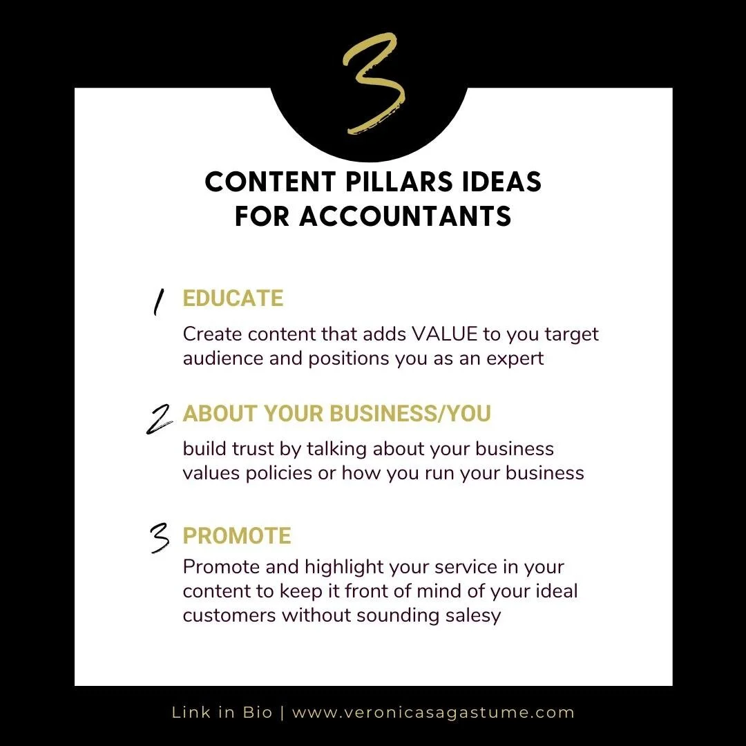Accountants, here are the 3 things you need to post about 👇 👇

Content pillars are specific themes that aid your content foundation. Each post that you publish should be within these pillars.

Educate

This pillar is your value-creation. You need t