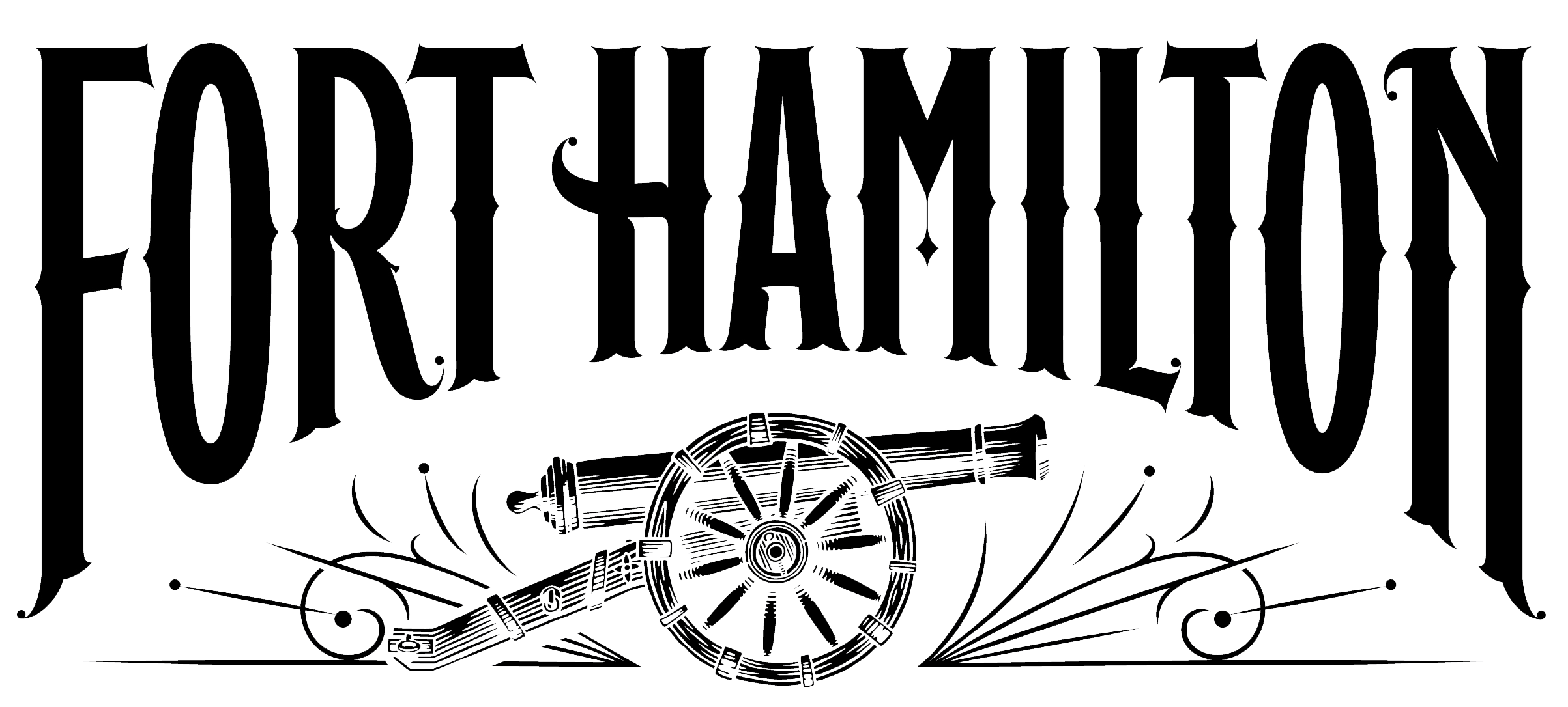 Logo for Fort Laramie, featuring a cannon, a wagon wheel, and decorative elements.
