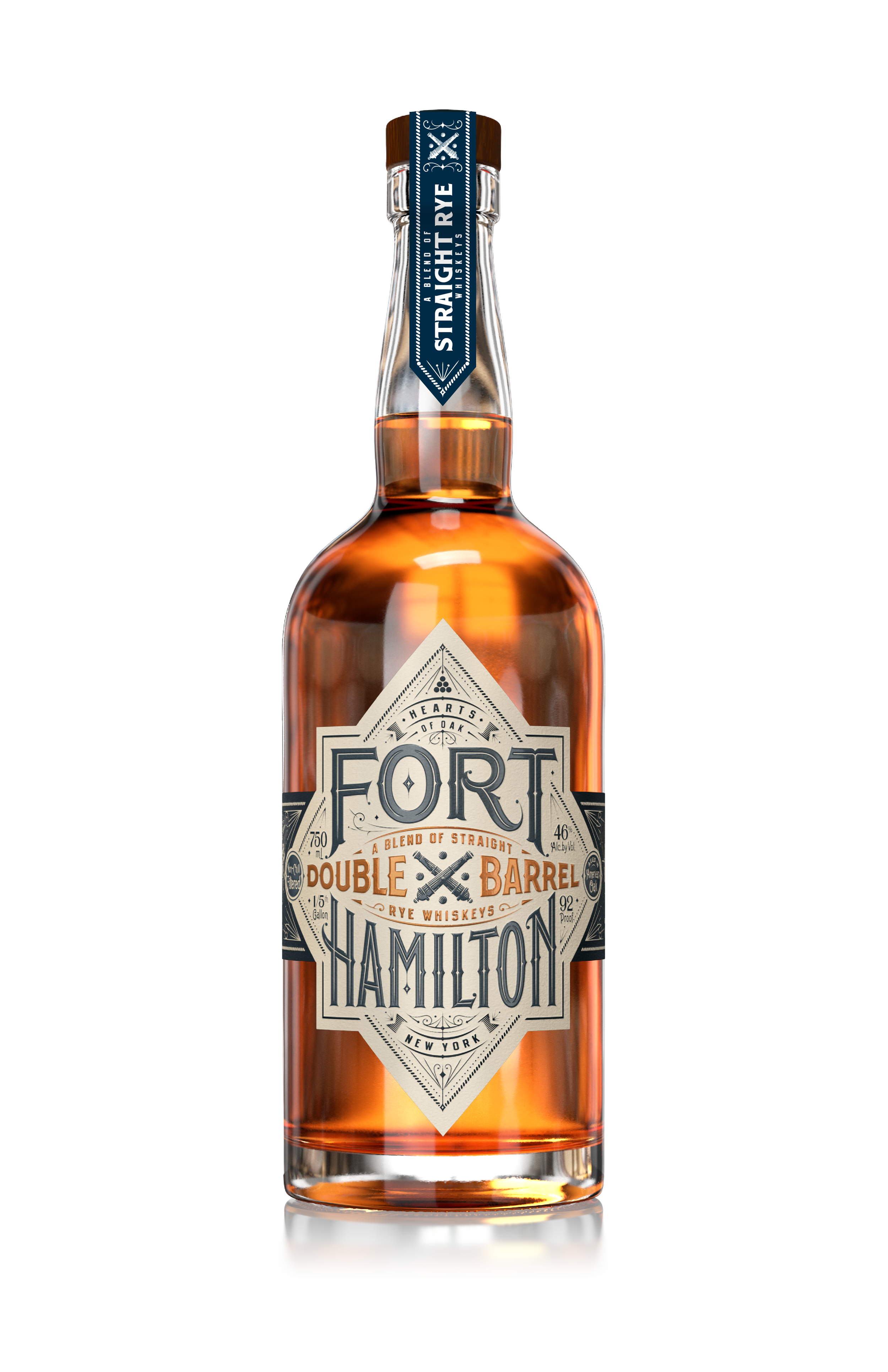 A bottle of Hamilton Double Barrel Rye Whiskey with a clear glass bottle, orange liquid inside, and a detailed label reading 'Hamilton Double Barrel Rye Whiskey, 92 proof, 1.5 gallons, 750 ml, New York.' The bottle features a blue neck tag that says 