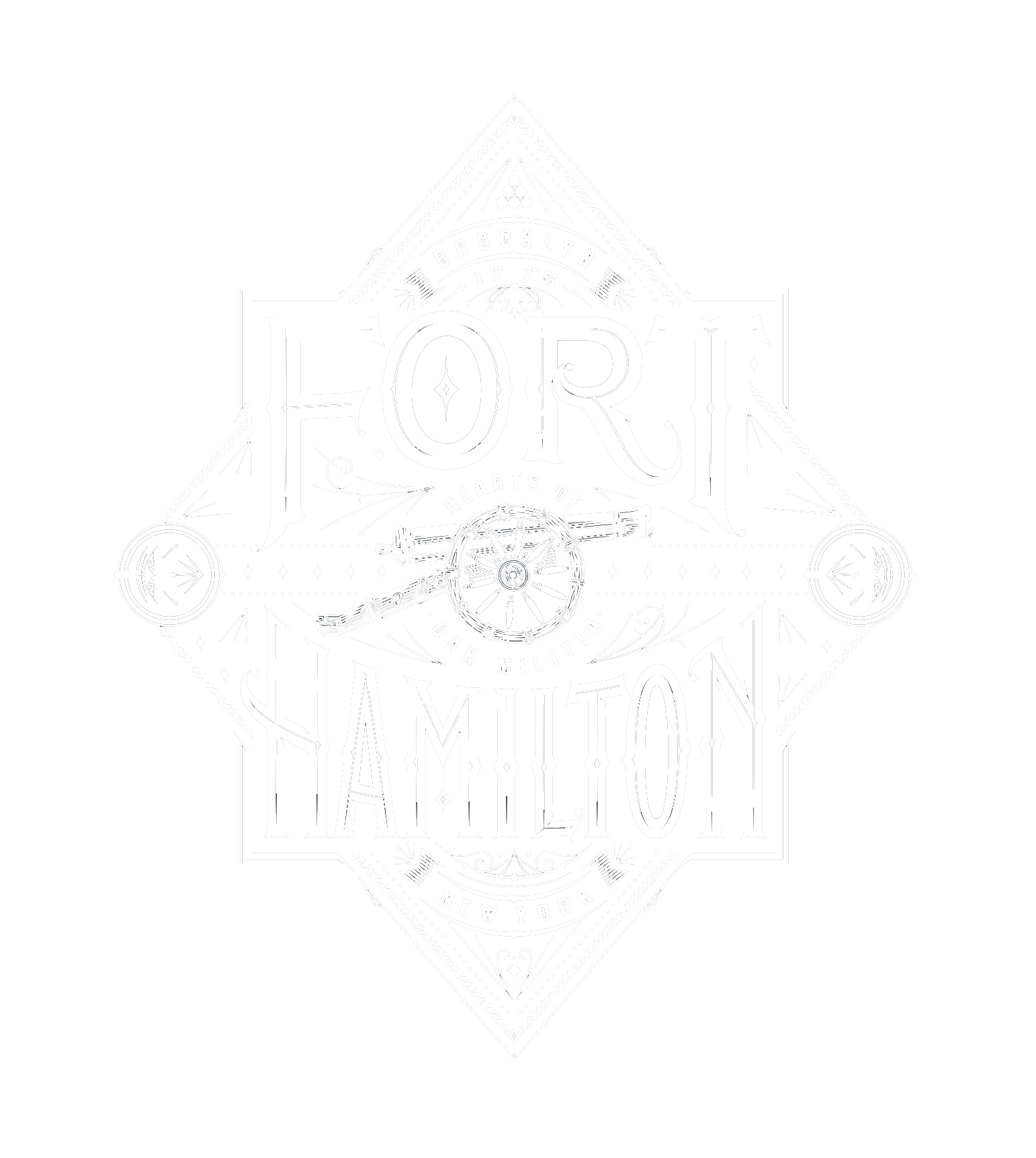 A black and white vintage-style graphic design with the words "Fort Hamilton" and "Hearts of Oak Munitions". The design features a cannon and a ship wheel, with decorative lines and motifs. It references Brooklyn, New York, and the year 1775.