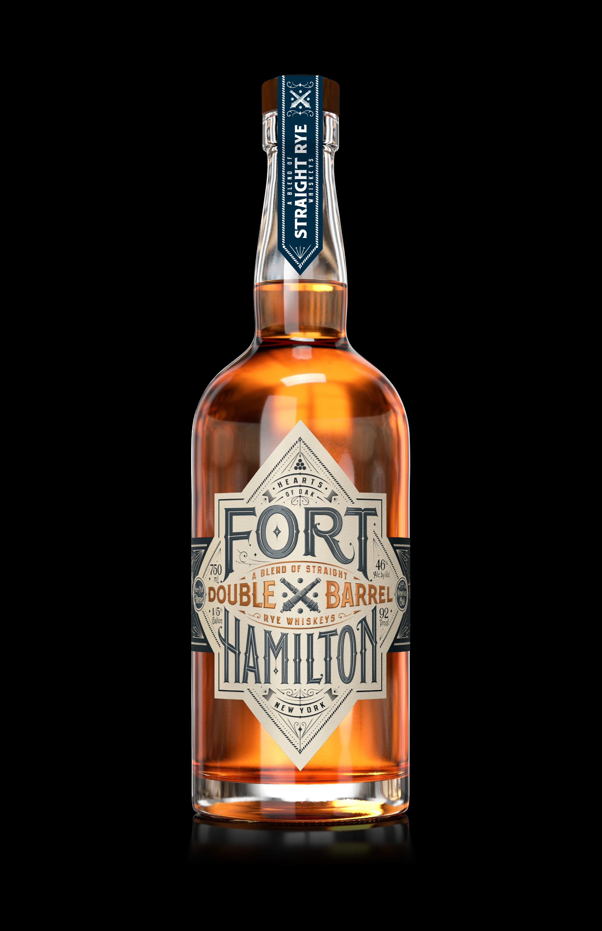 A bottle of Hamilton Double Barrel Rye Whiskey with a clear glass body and an intricate label design, set against a black background.