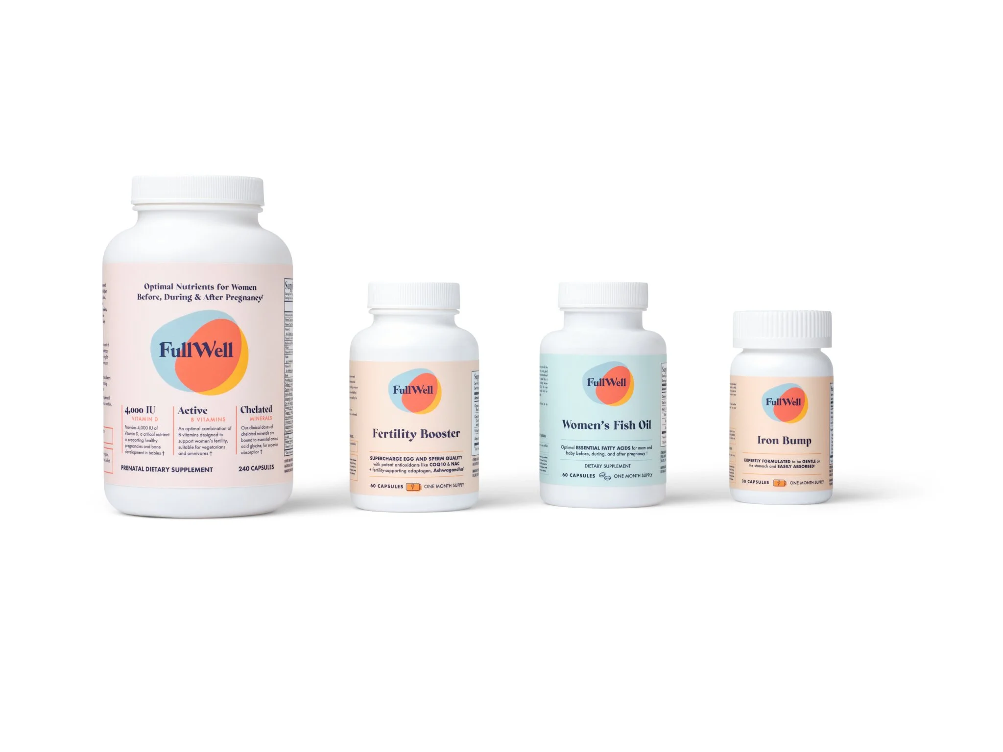 Four dietary supplement bottles from Full Well arranged in a row, with varied labels including fertility booster, women's fish oil, and iron bump.