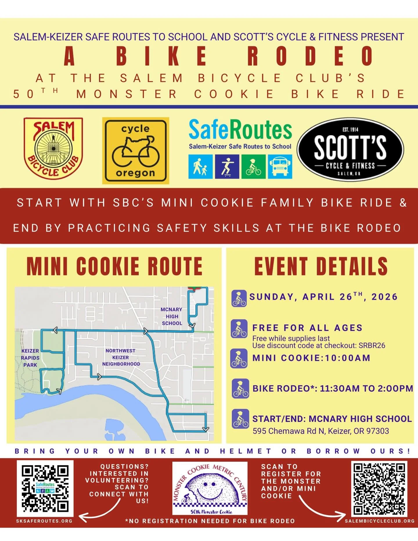 Join us on April 26th, 2026 at the @salembicycleclub&lsquo;s 50th Monster Cookie Metric Century bike ride! Safe Routes and @scottscycle will be sponsoring a FREE family Mini Cookie ride and bike rodeo! 

Interested in volunteering? Sign up by clickin