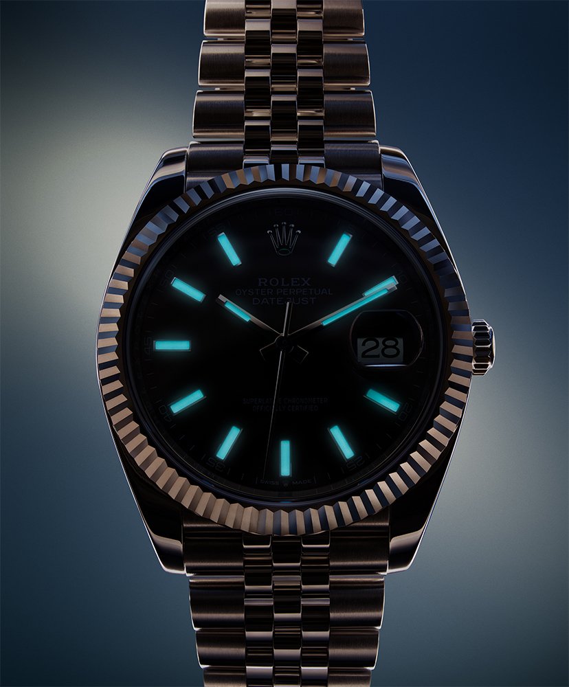 Rolex Oyster Perpetual Datejust watch with a dark face, glowing blue hour markers, and a metal band.