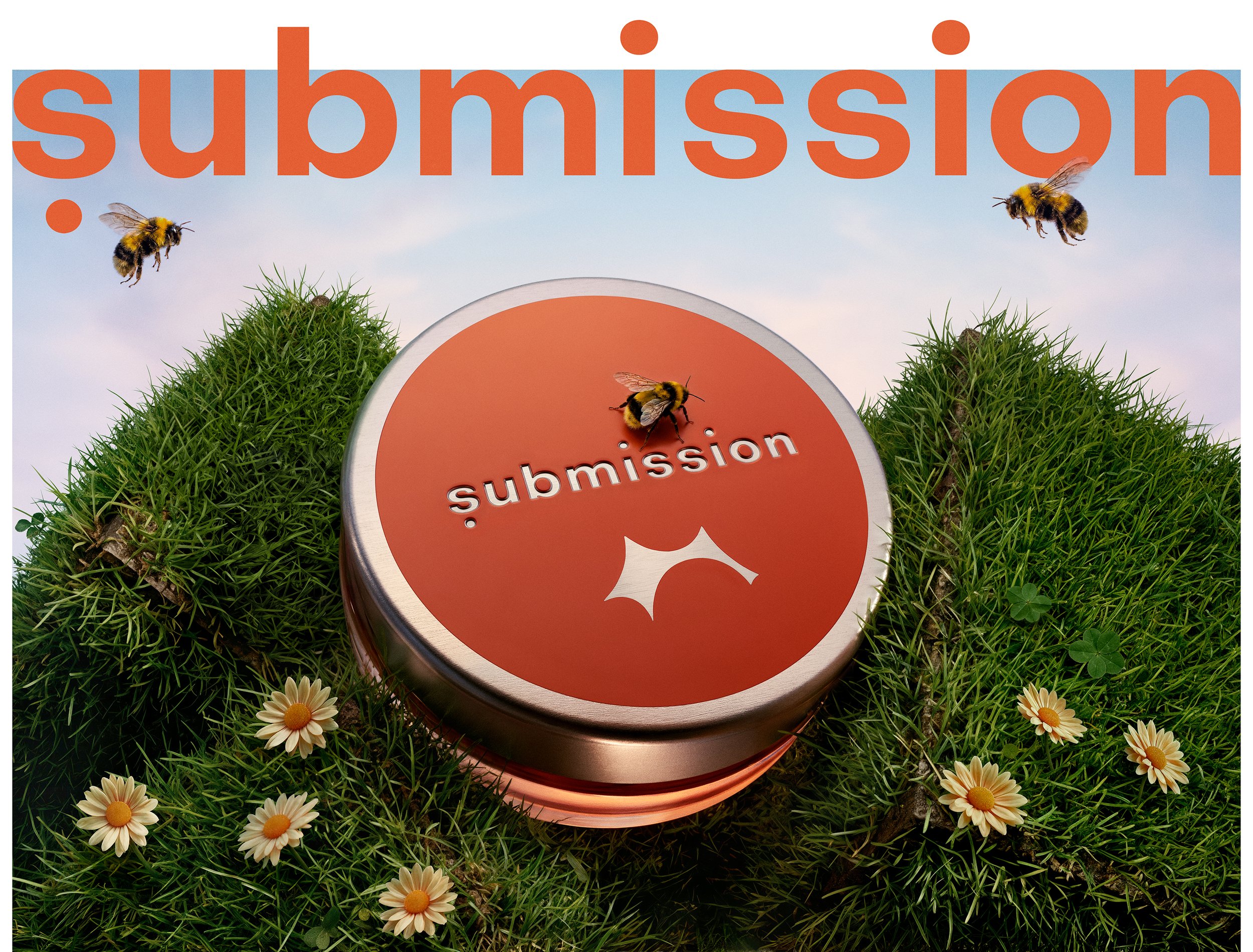 Submission Beauty jar on top of of grass, and flying bumblebees.