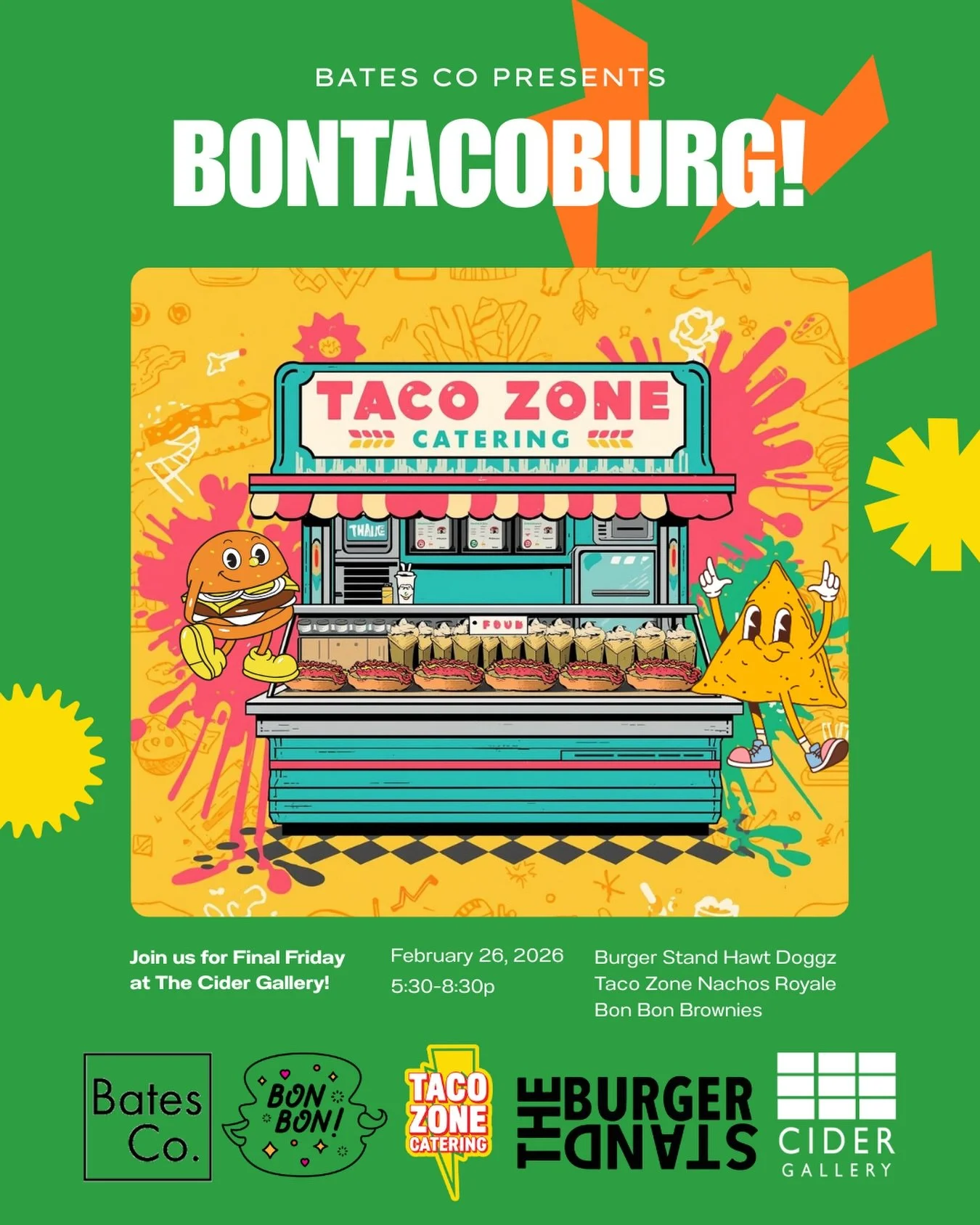 2/27! Final Friday! 

Casbah Chili Cheese Nachos Royale?
Classic Hawt Dogg with your fav @taco_zone filling?
The choice is yours &amp; the possibilities are endless at BonTacoBurg&trade;️

Come be silly with us this Final Friday at @cidergallery. You