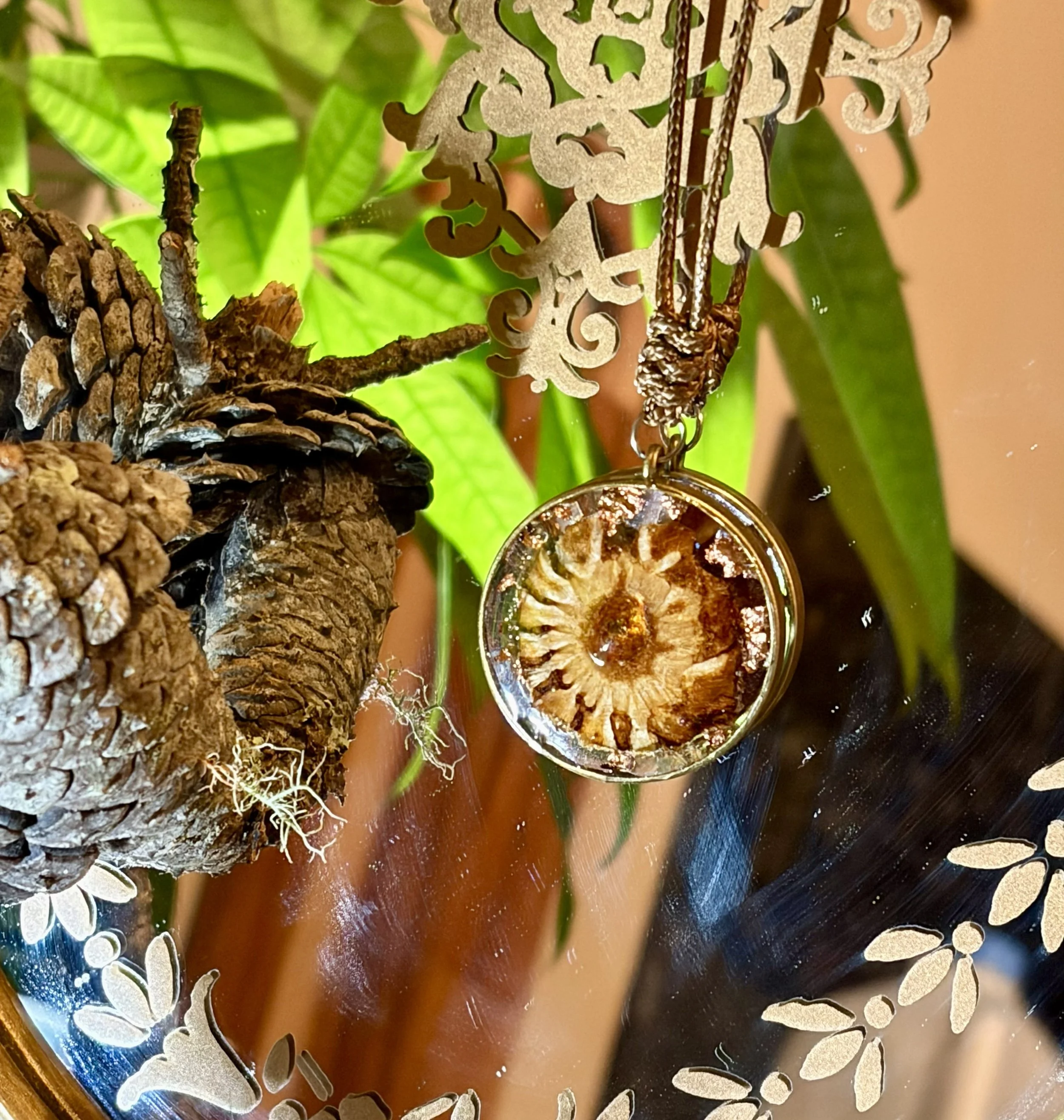 Pinecone pendant hanging on brown cord