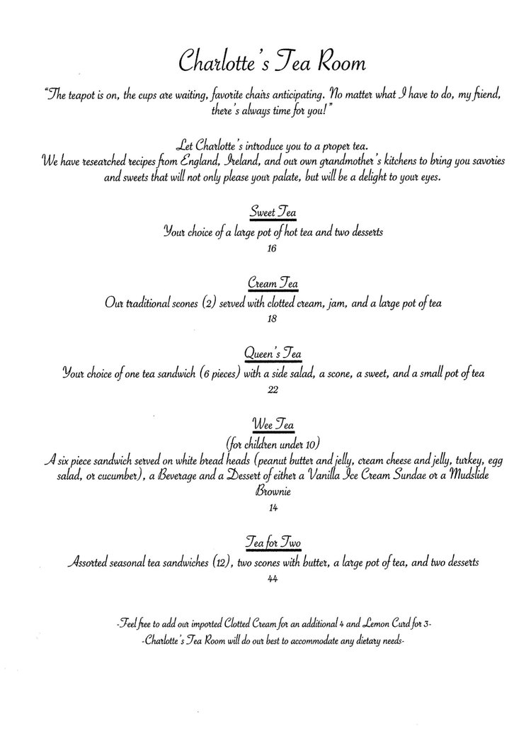 Menu Charlotte S Tea Room Website builder provided by vistaprint. menu charlotte s tea room